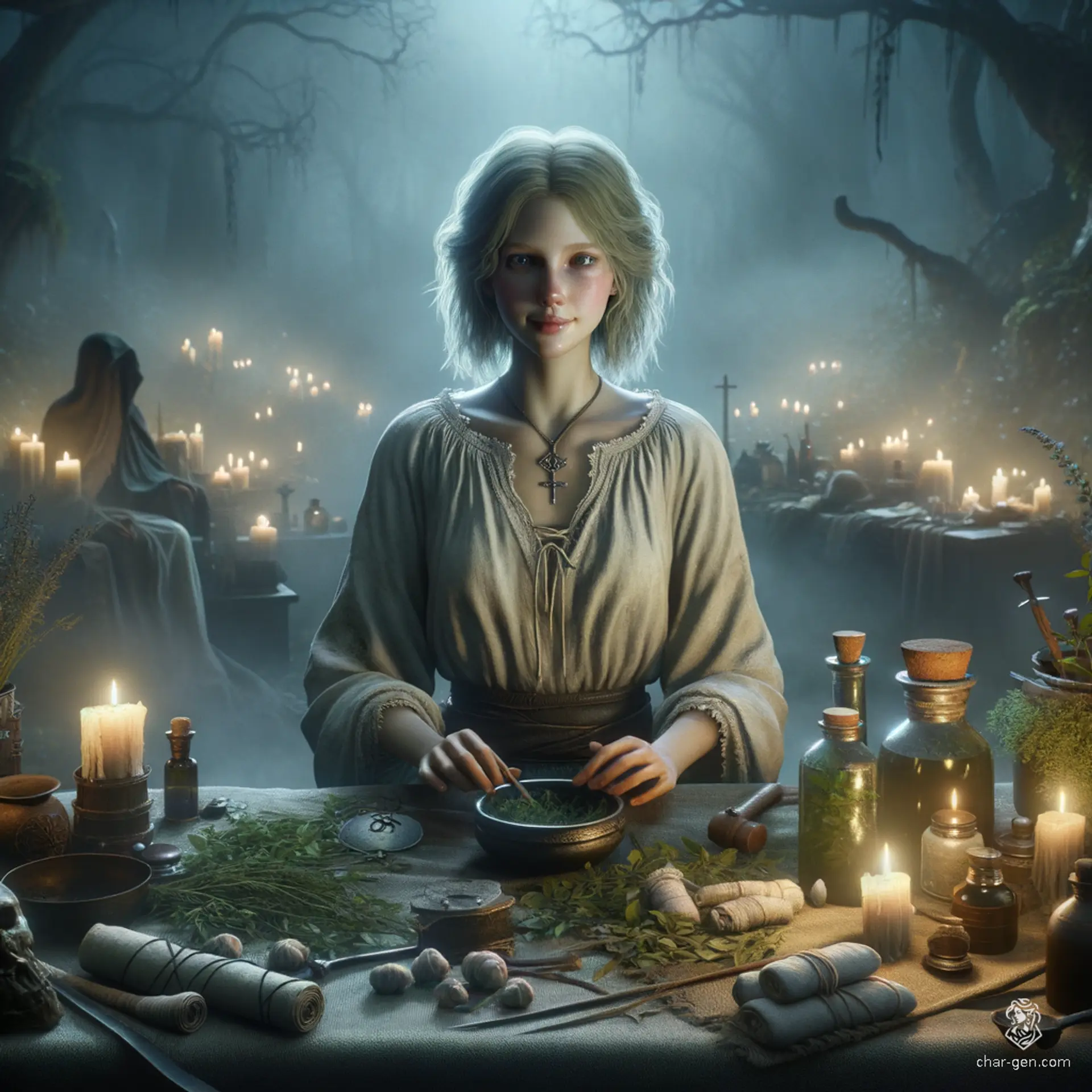 Centered in frame is a pale-skinned, 13-year-old female cleric with blonde hair. Despite her simple, dirty white clothes, she exudes a serene demeanor, marked by a prominent holy symbol. She tirelessly tends to the sick and wounded among herbs, bandages, and potions, her delicate smile a beacon of hope.
