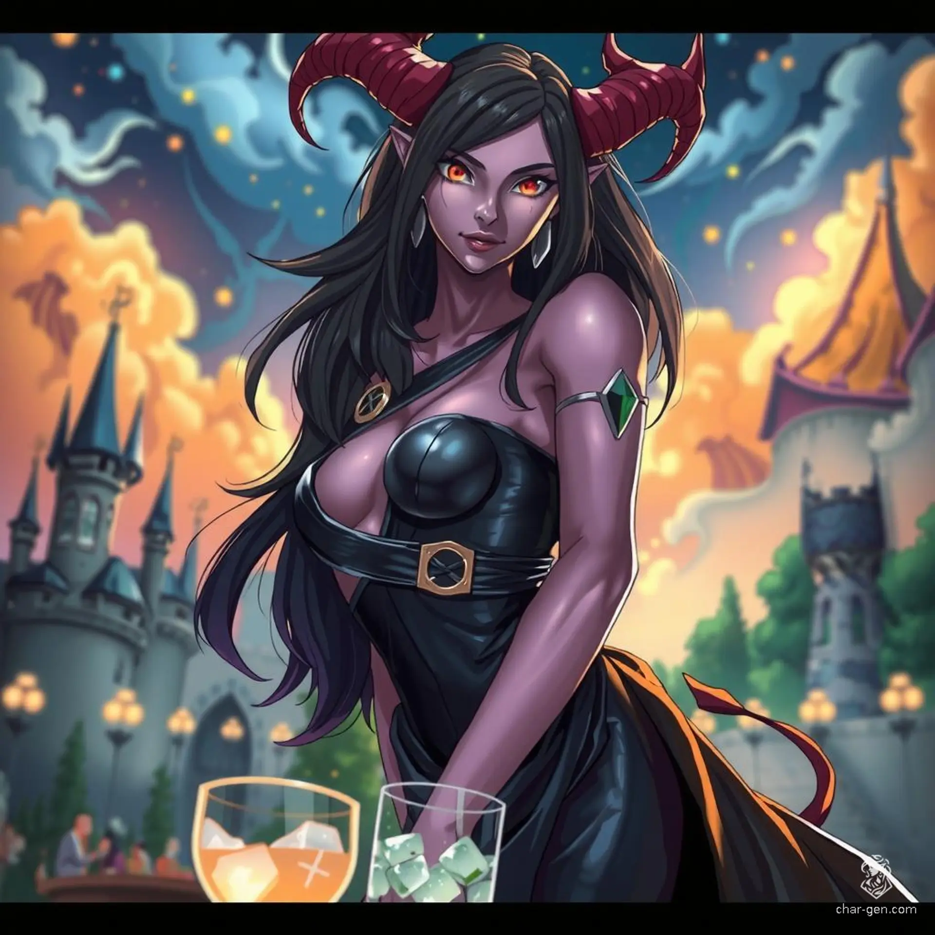 A tall and striking female Tiefling with deep violet skin and glowing amber eyes, her elegant horns adorned with silver rings. Her long, black hair cascades down in loose waves, framing her angular face. She wears a black leather bodice and a flowing skirt, expertly mixing drinks with her slender fingers.