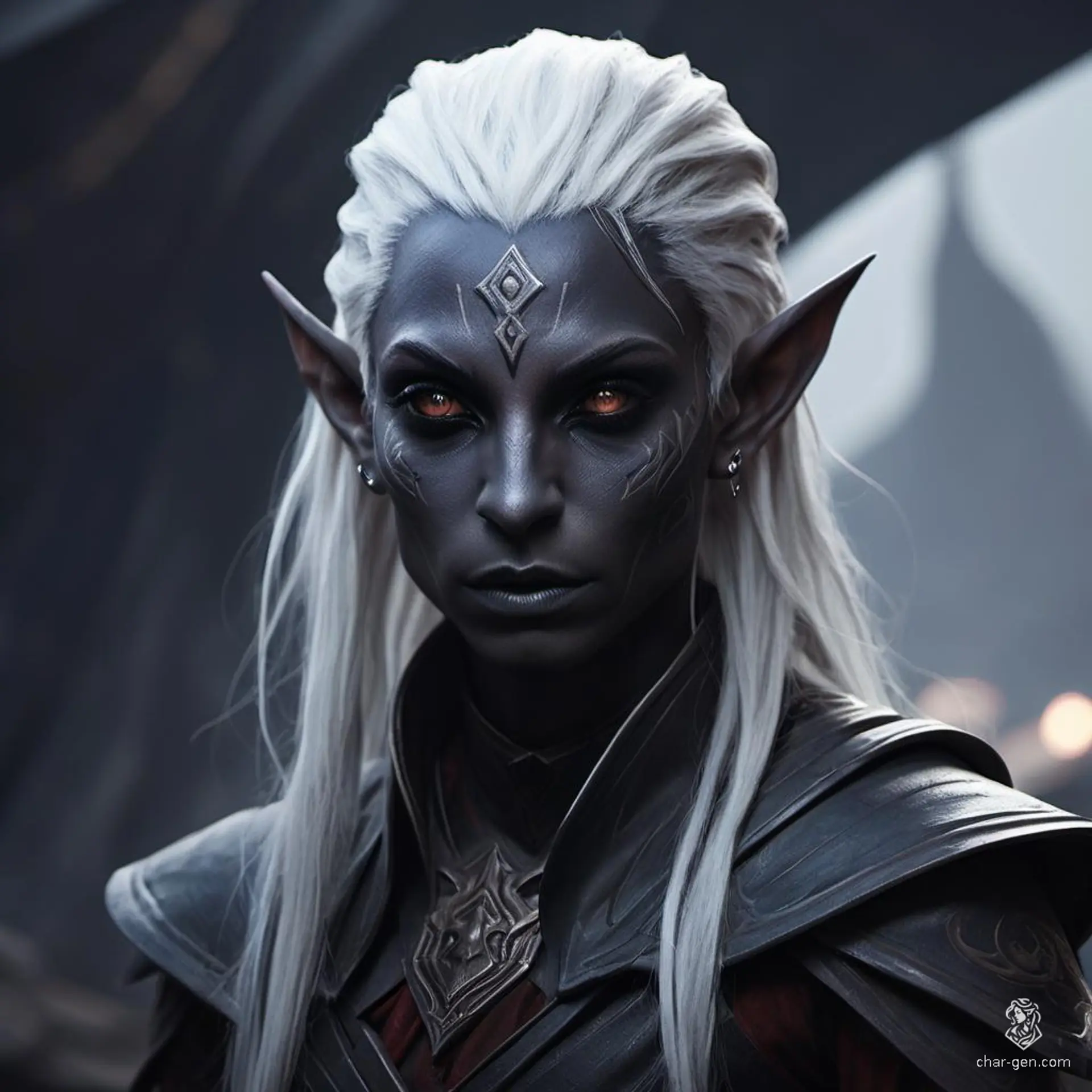 A female drow with dark black-grey skin and striking white hair, she is distinguished by her intricately tattooed skin. Her tattoos contrast sharply against her complexion, giving her an imposing and mystical aura in her fantastical world.