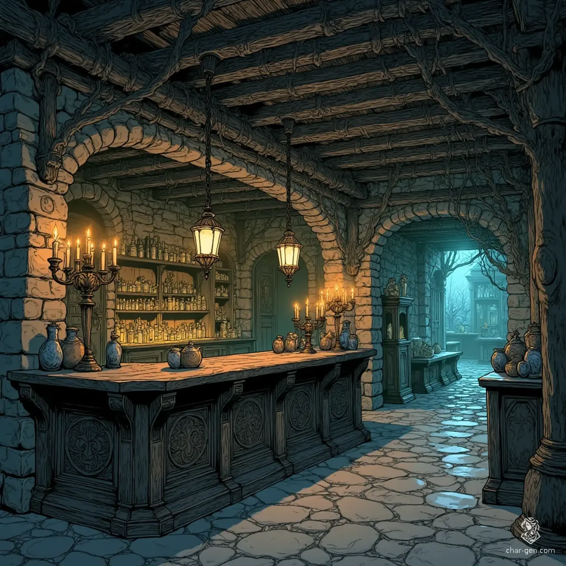 The Webbed Refuge - AI-generated fantasy Tavern