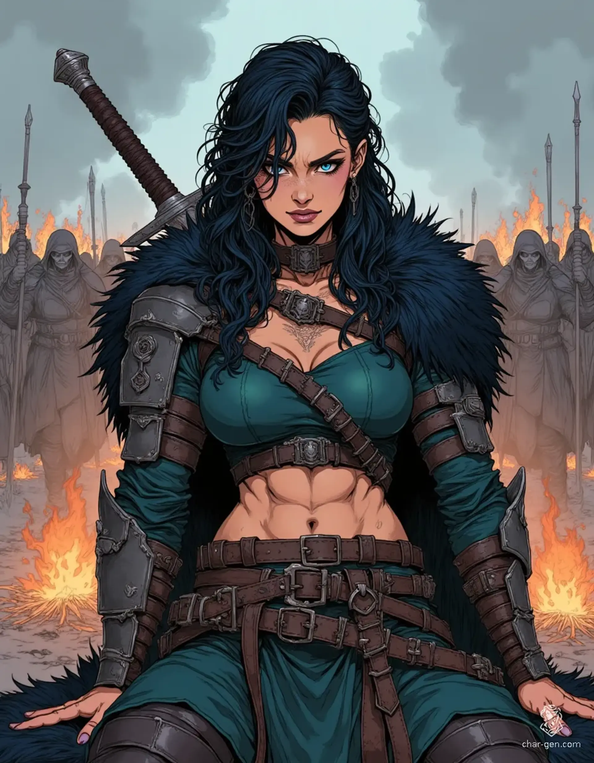 Asha the Berserker Queen embodies fierce grace, her statuesque form clad in steel chain mail and a black fur kilt. With striking pale blue eyes and skin marked by blue woad symbols, she exudes strength and beauty, resting triumphantly with her notched broadsword amidst the echoes of battle.