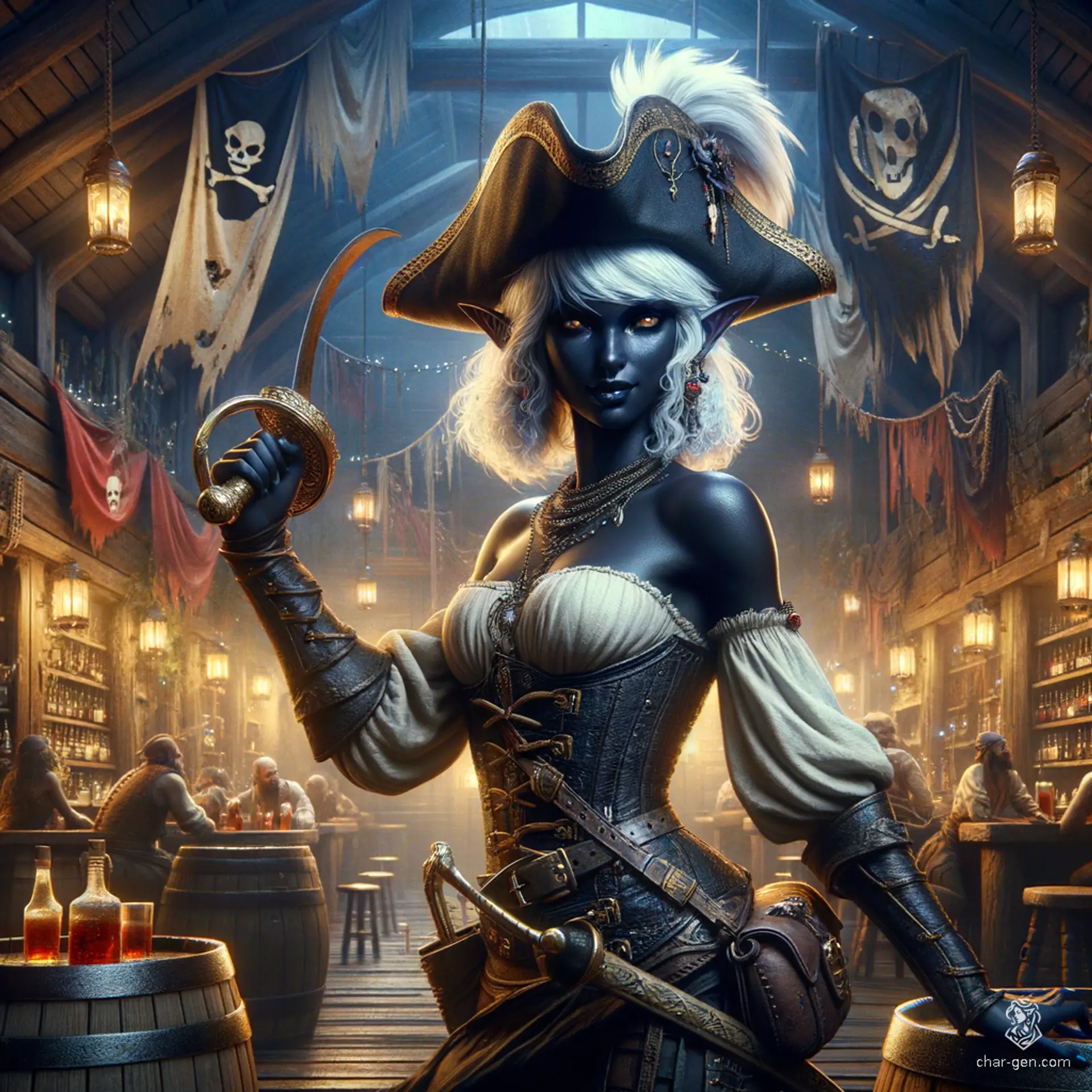 A fierce dark-skinned Drow pirate with white hair, garbed in a tricorn hat and brandishing a cutlass, scours the seas in search of treasure. This short-haired, dark-skinned female dark elf blends menace and allure, her striking appearance complemented by her relentless ambition.