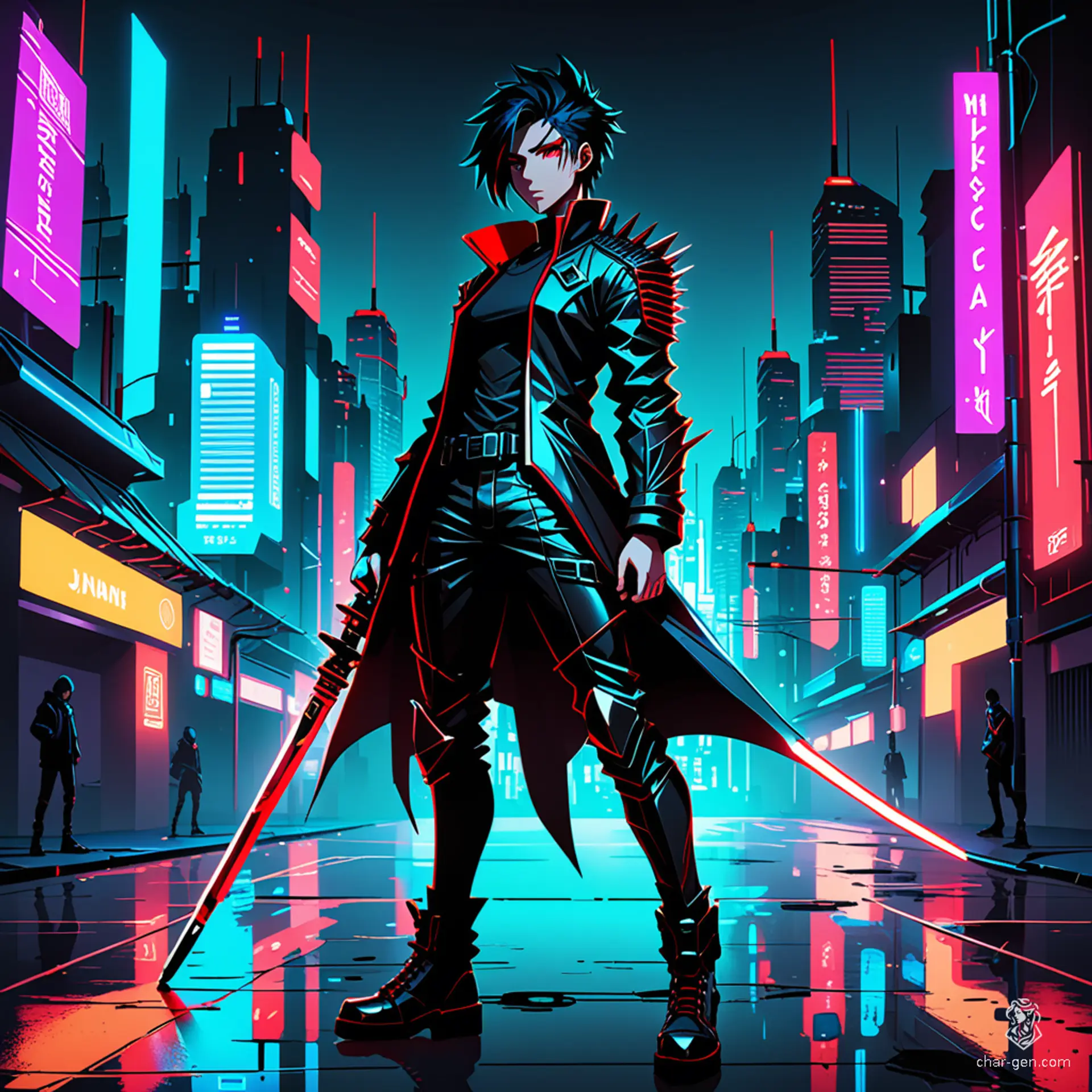 Meet Kael, a striking anime warrior with spiky dark hair accented by vibrant streaks. Dressed in a fitted black jacket adorned with glowing trim and utility pants, Kael exudes a bold confidence. Armed with an intricately designed sword, they dominate the neon-lit cityscape, embodying strength and mystery.