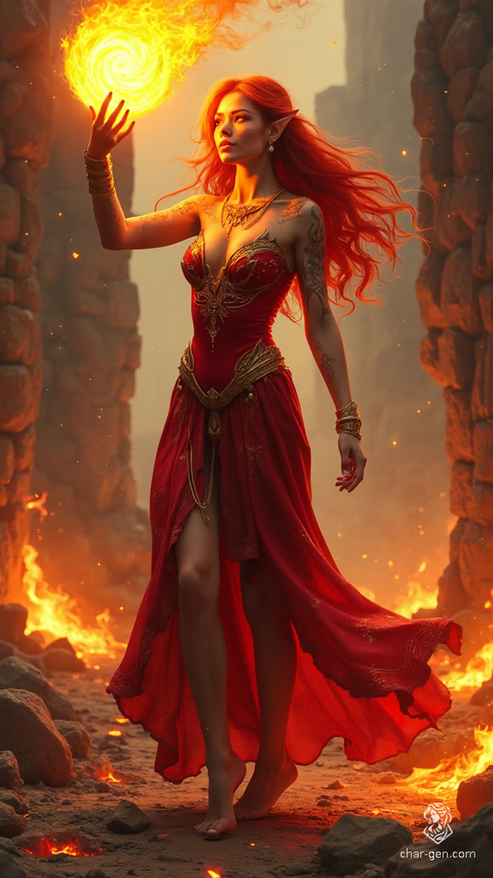 A striking female Elf with fiery red hair cascading like flames, eyes ablaze with inner fire, exudes intense energy in her crimson, gold-accented gown. Intricately tattooed arms glow as she channels her power, setting ruins and molten lava alight around her.