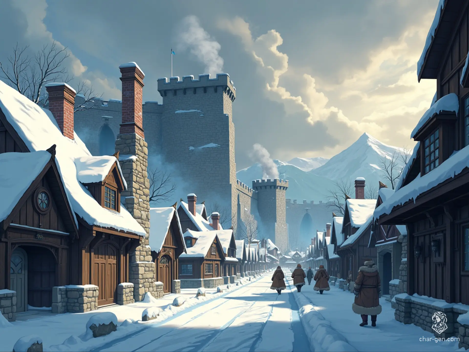 Nestled against the harsh, snowy expanse of Icewind Dale, a fortified town stands resolute. Encircled by tall stone walls and sturdy wooden gates, snow-covered rooftops and smoke-billowing chimneys line its bustling streets. Under an overcast sky, villagers in thick furs move briskly through the wind-whipped, icy air, embodying resilience amidst the cold, isolated beauty.