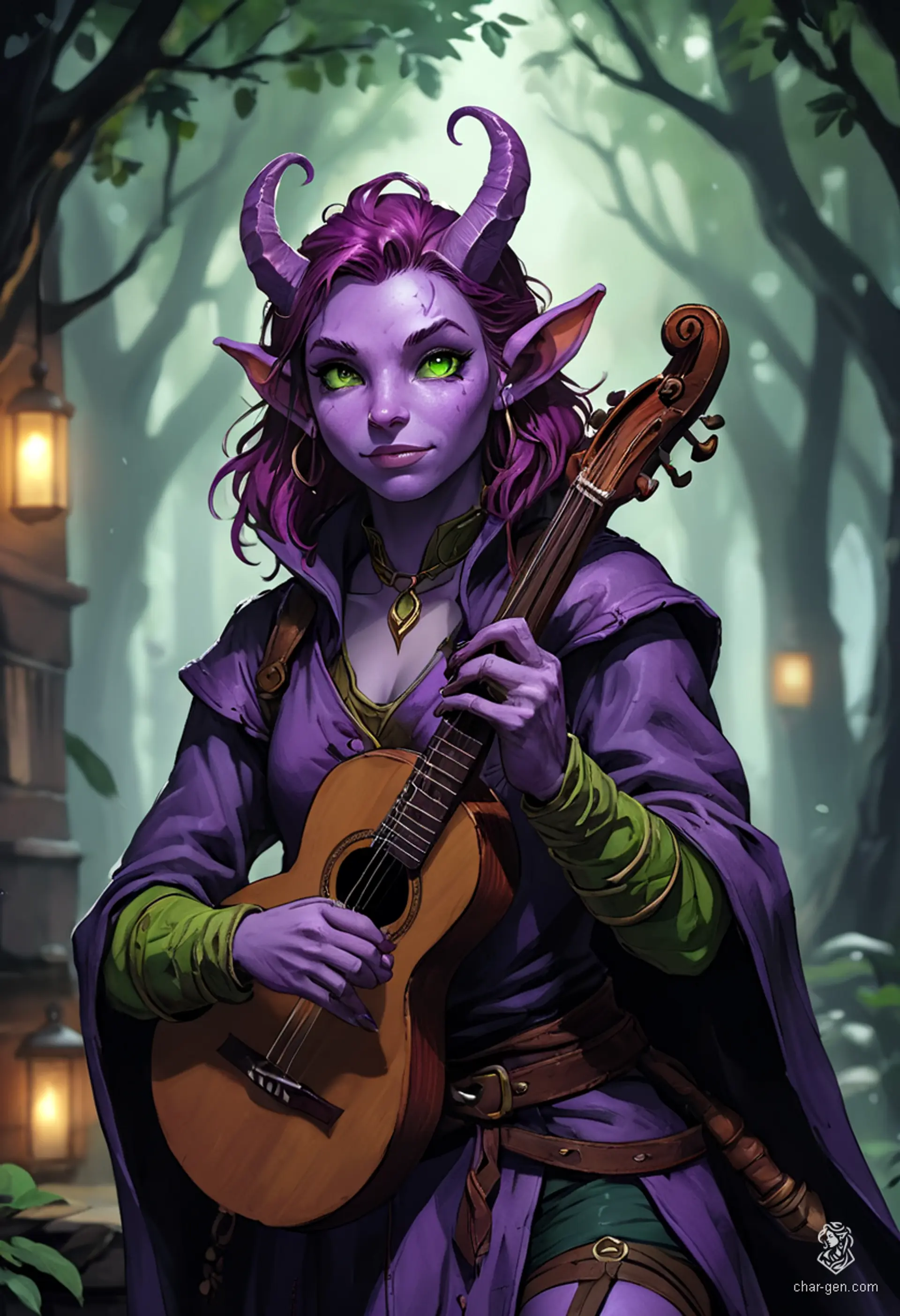Lyrica Chantenuit is a charming 25-year-old tiefling bard with striking purple skin and rich plum hair. Armed with her magical lute, she enchants audiences with expressive gestures, her nimble frame reflecting her soldier's training. With piercing green eyes, she captivates hearts while wrestling with her devilish heritage.