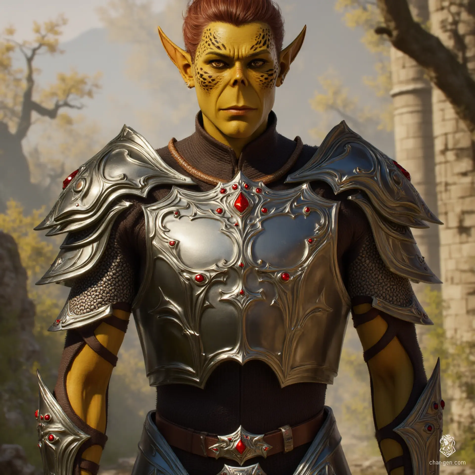A tall, gaunt githyanki warrior, clad in gleaming plate armor, exudes an imposing presence. His rough, dirty yellow skin contrasts with russet hair tied in a topknot, while his Voldemort-like skull nose adds an eerie aura to his formidable visage.