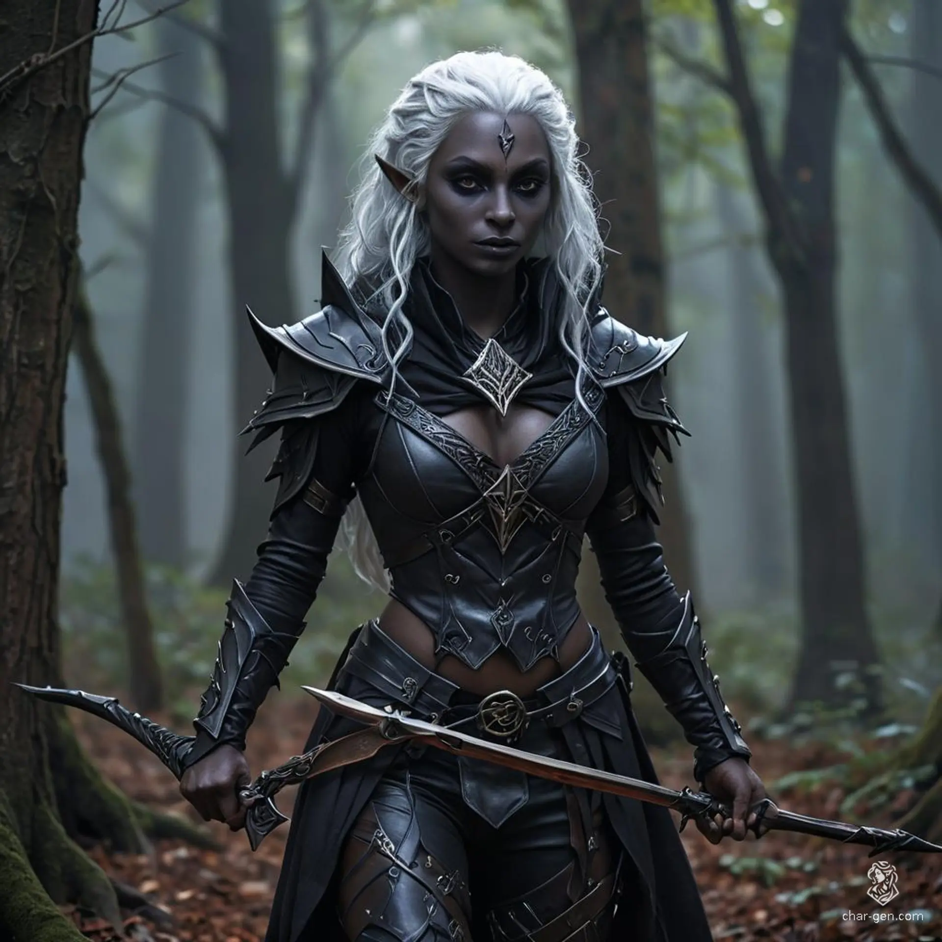 A stealthy female drow assassin with distinct tan skin, white curly hair, and a menacing demeanor. Clad in black leather armor, she wields concealed daggers and a crossbow, moving silently in the shadows.
