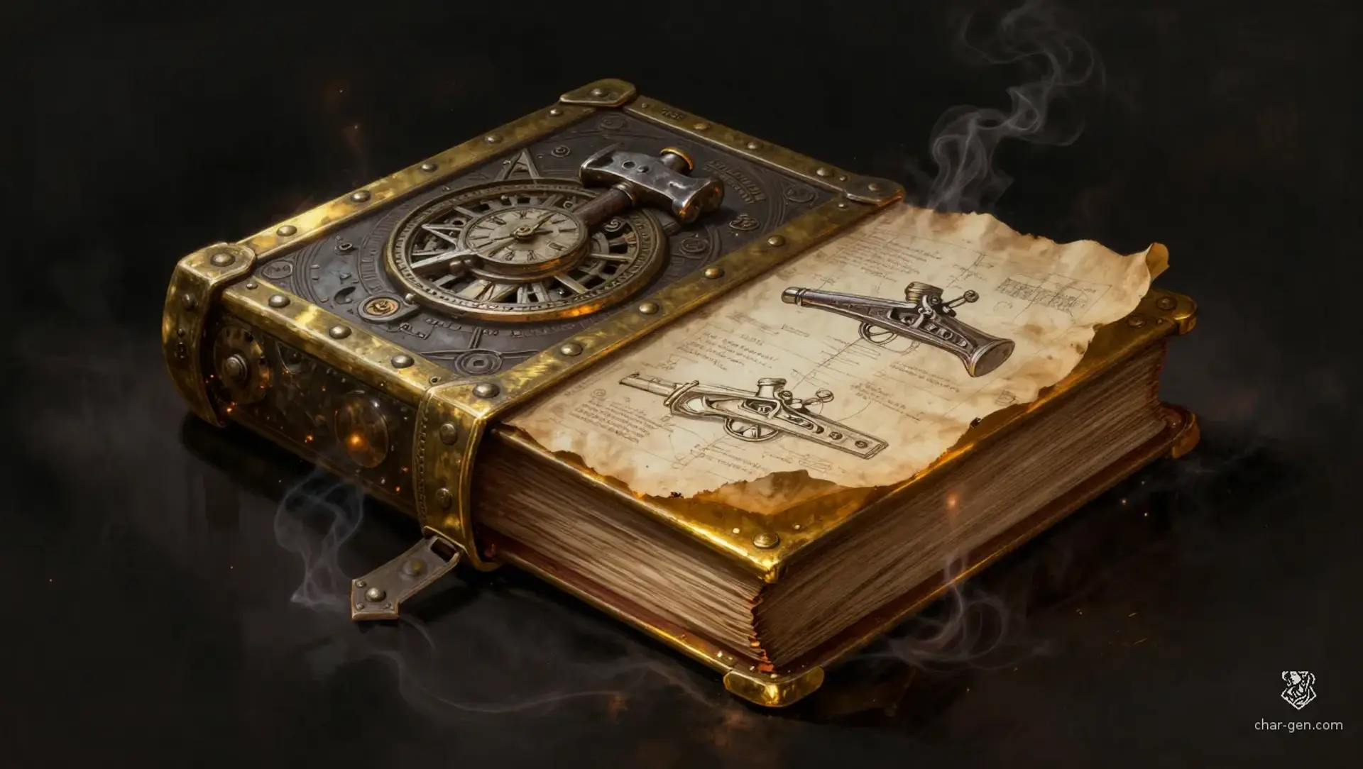 The Gearbound Grimoire of Ballistics - AI-generated fantasy Magic Item