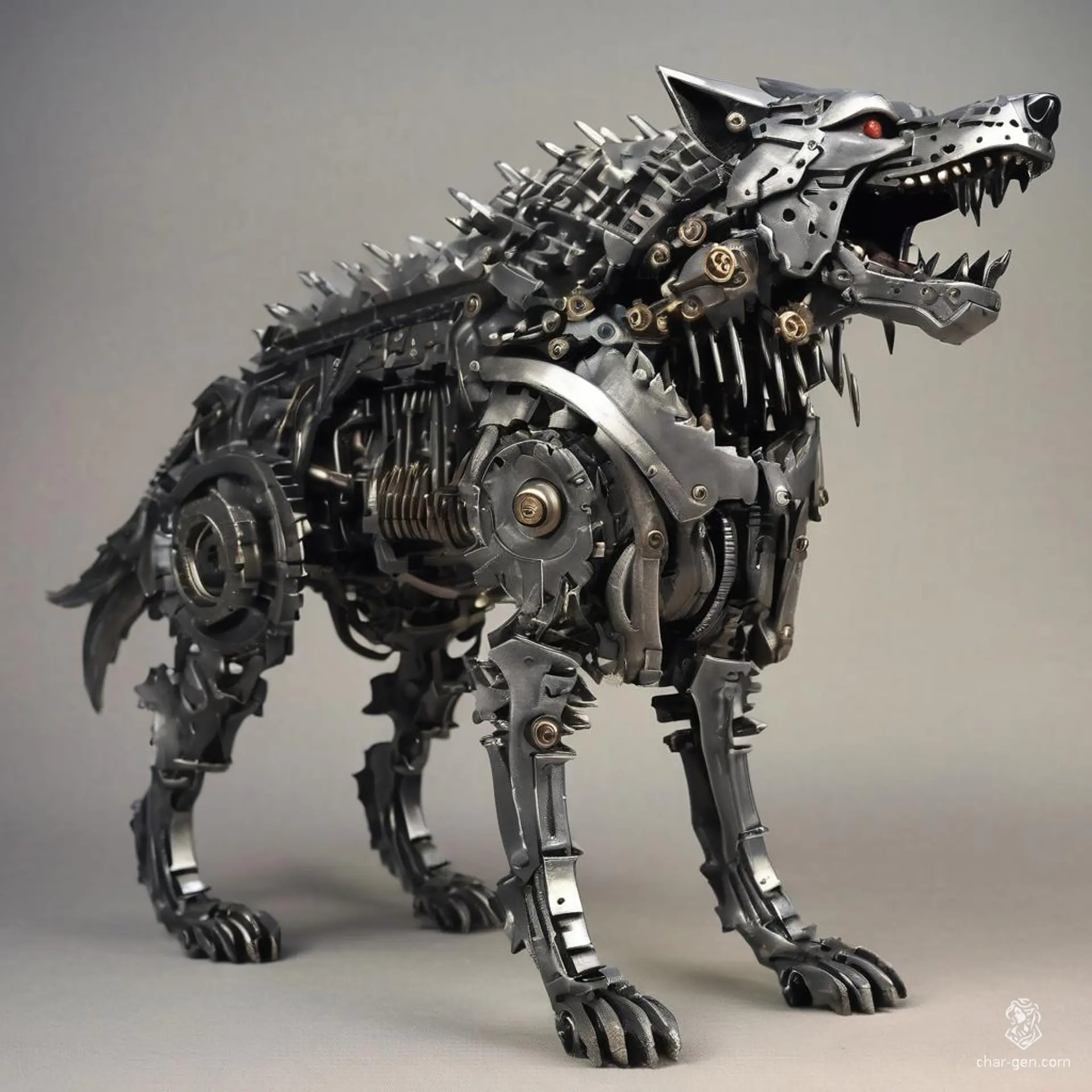 Behold the mechanical dire wolf, a formidable fusion of nature and technology. Crafted from sleek grey metal, it prowls through cyberpunk landscapes with glowing eyes and razor-sharp metal teeth, hunting its prey with ruthless efficiency in a dystopian world.