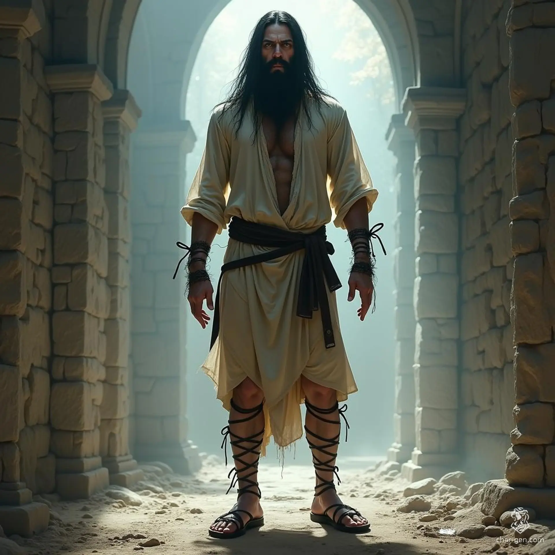 A tall, ragged prisoner, with long black hair and an angry expression, embodies a haunting ethereal presence. Clad in tattered garb and leather sandals, he carries an air of majestic defiance amidst a dreamlike, celestial landscape, capturing the very essence of epic fantasy.