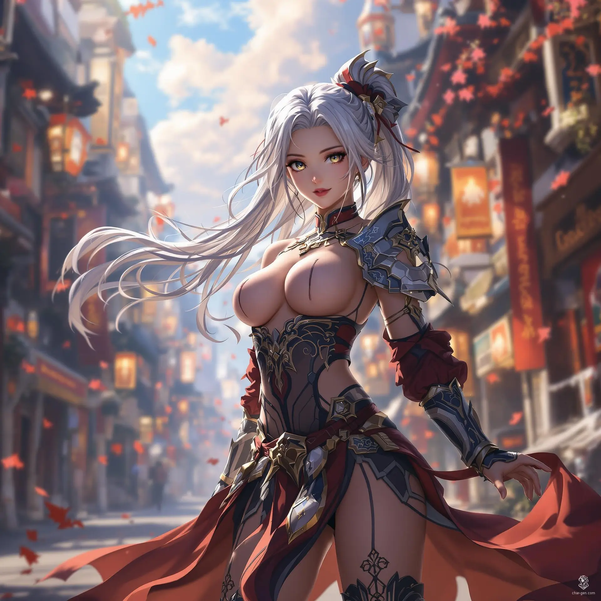 A striking medieval fantasy anime character, rendered in ultra-realistic 4K HDR detail. Presented in a dynamic full-body pose with perfect anatomy and lifelike skin texture, set against a bustling city backdrop. This cinematic key frame captures vibrant depth and intricate artistry.