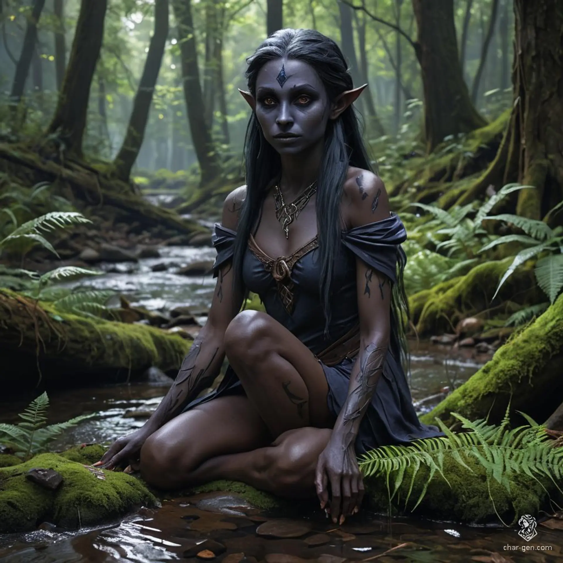 A wild and rugged female dark elf (drow) warrior with contrasting tan and grayish-black skin, long jet-black hair, and striking purple eyes. She possesses a toned physique and embodies the fierce spirit of a barbarian.