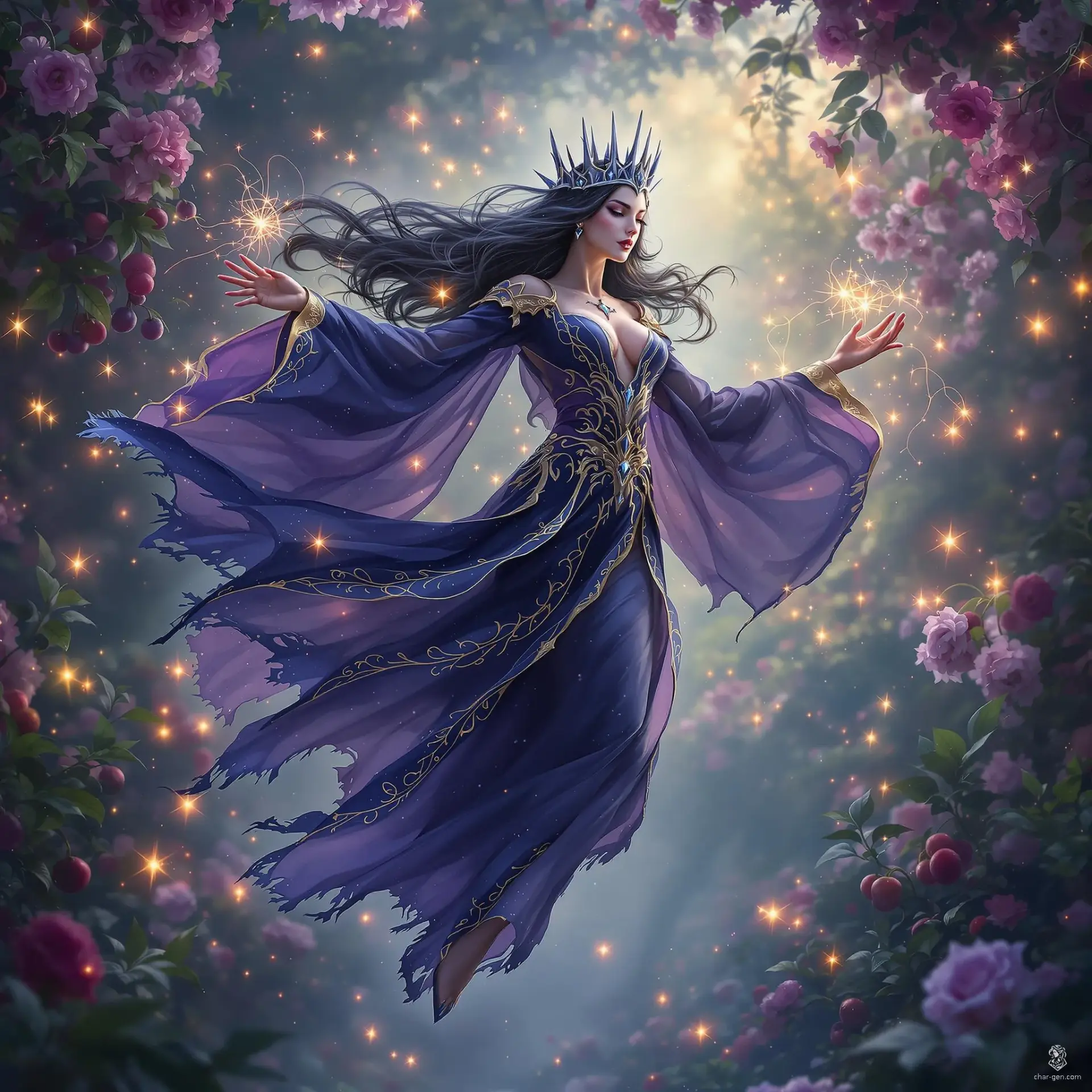 In a mystical spectacle, a regal and ethereal female figure is suspended in midair, her flowing dark blue and violet arcane robes trimmed with gold. The wispy, magic-laden edges trail behind her. Her calm, commanding expression is framed by long, dark hair and a sharp, ornate silver-blue crown, enhancing her queenly presence. Adorned with gold jewelry, her hand is gracefully poised near her chest, while her robe's inner lining glows faintly red. Set against a white, ethereal background, she exudes an otherworldly aura, appearing as if frozen in time.