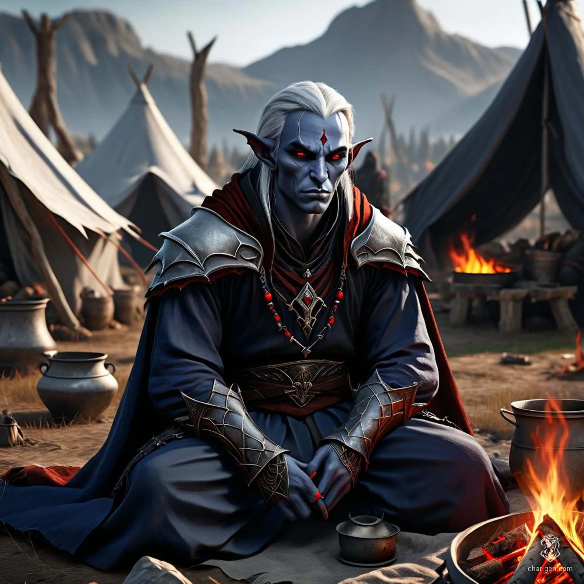 Raven-haired male Shadar-kai with obsidian eyes and shadow-kissed alabaster skin. His very dark, almost ethereal skin texture creates a stark, haunting contrast, embodying the essence of a dark elf warrior with an aura of malevolent mystique.