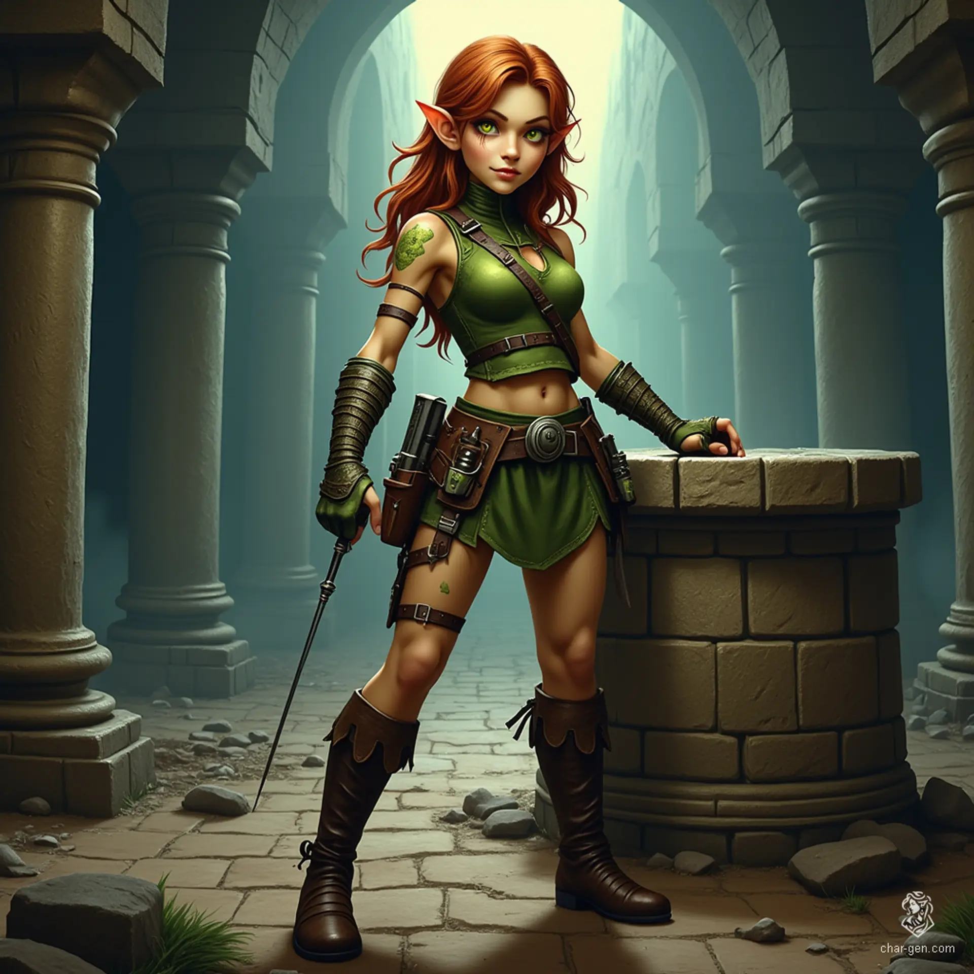 Izzy is a youthful yet seasoned halfling assassin, marked by olive skin interspersed with shimmering green scales. Her striking yellow-green eyes and playful half-smile contrast with her practical, form-fitting leather armor. Exuding competence and a thrill for the hunt, she’s lethal yet undeniably charming.