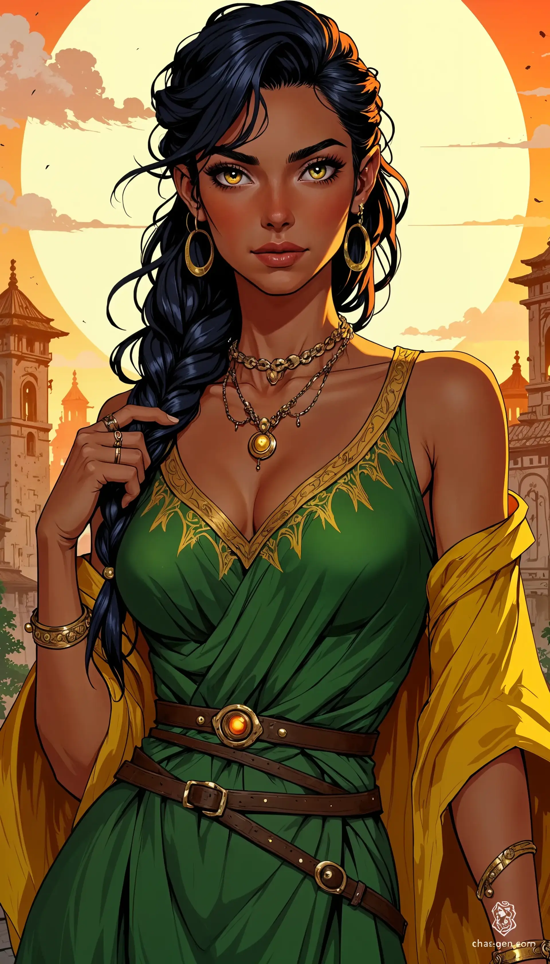 Nynaeve, a fierce and regal 25-year-old woman, embodies elegance and strength in her fitted green gown adorned with gold embroidery. With intense brown eyes and a braided cascade of dark hair, she channels healing energy with a warm glow, exuding determination and nurturing power against a tranquil village backdrop.