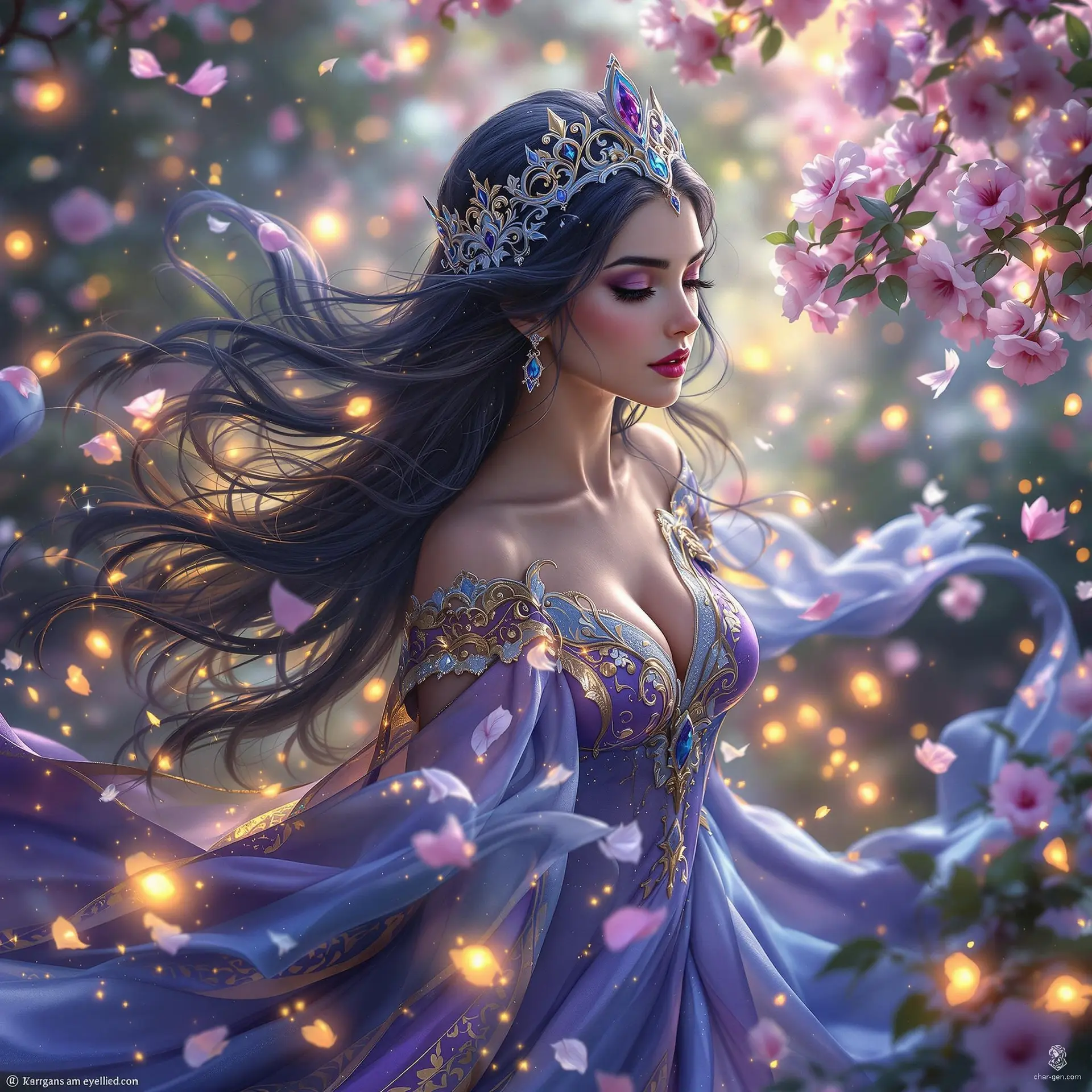 A regal, ethereal figure floats midair, her flowing dark blue and violet robes trailing arcane energy. With long, dark hair and a sharp silver-blue crown, she commands a mystical presence. Her calm expression and raised hand adorned in gold jewelry highlight her queenly aura against an ethereal backdrop.
