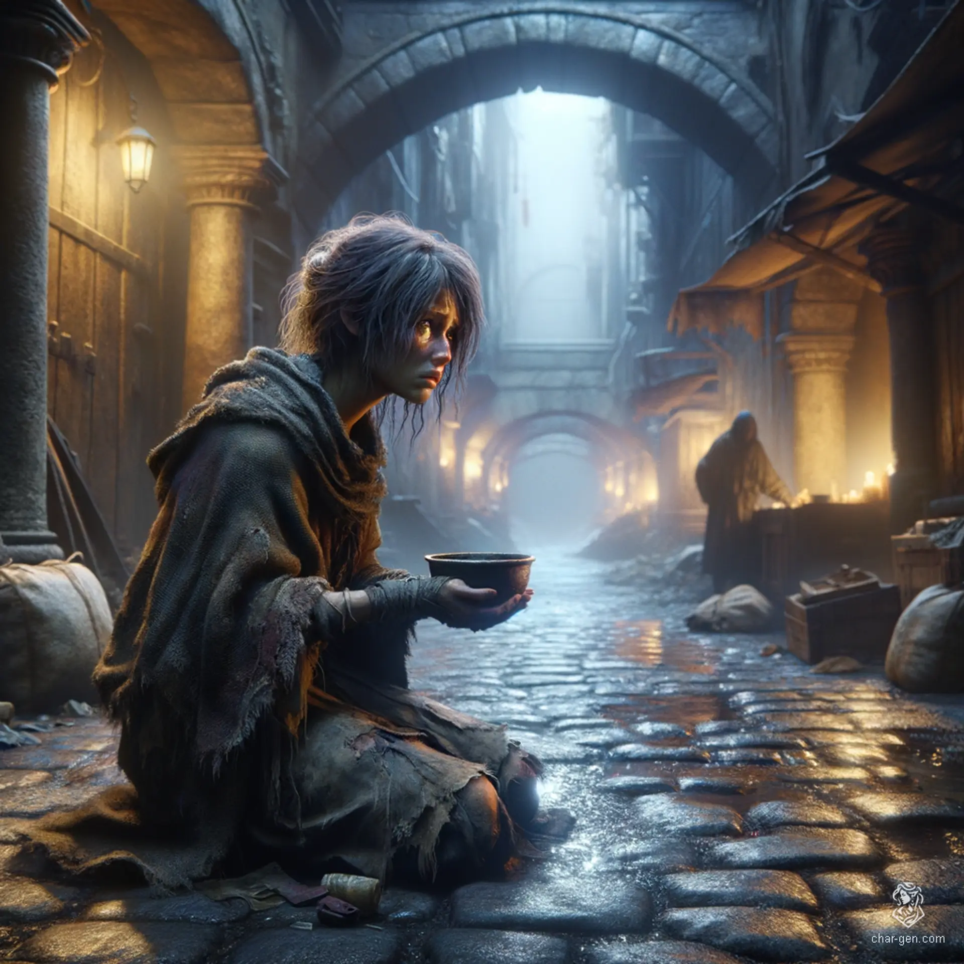 A weary old female dwarf, dressed in tattered rags, sits on the cobblestone street, her hair twisted into a bun. With a downcast gaze, she clutches a weathered bowl, embodying the despair of her destitute life as a beggar in a bustling city.
