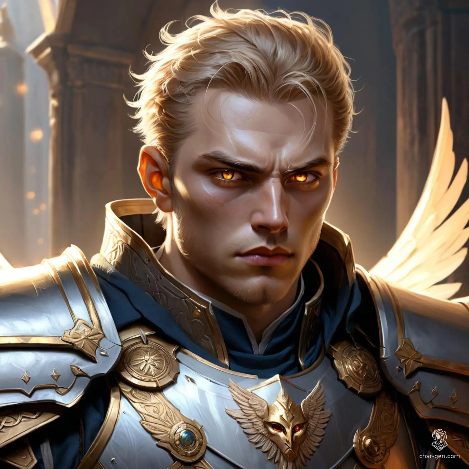 A dignified male aasimar Paladin, subtly glowing with angelic presence and unusual eyes, leads a band of soldiers as a mercenary captain. Clad in mismatched armor, he stands with a protective stance, planning their next contract, his light skin and hair in a bun enhancing his ethereal aura.