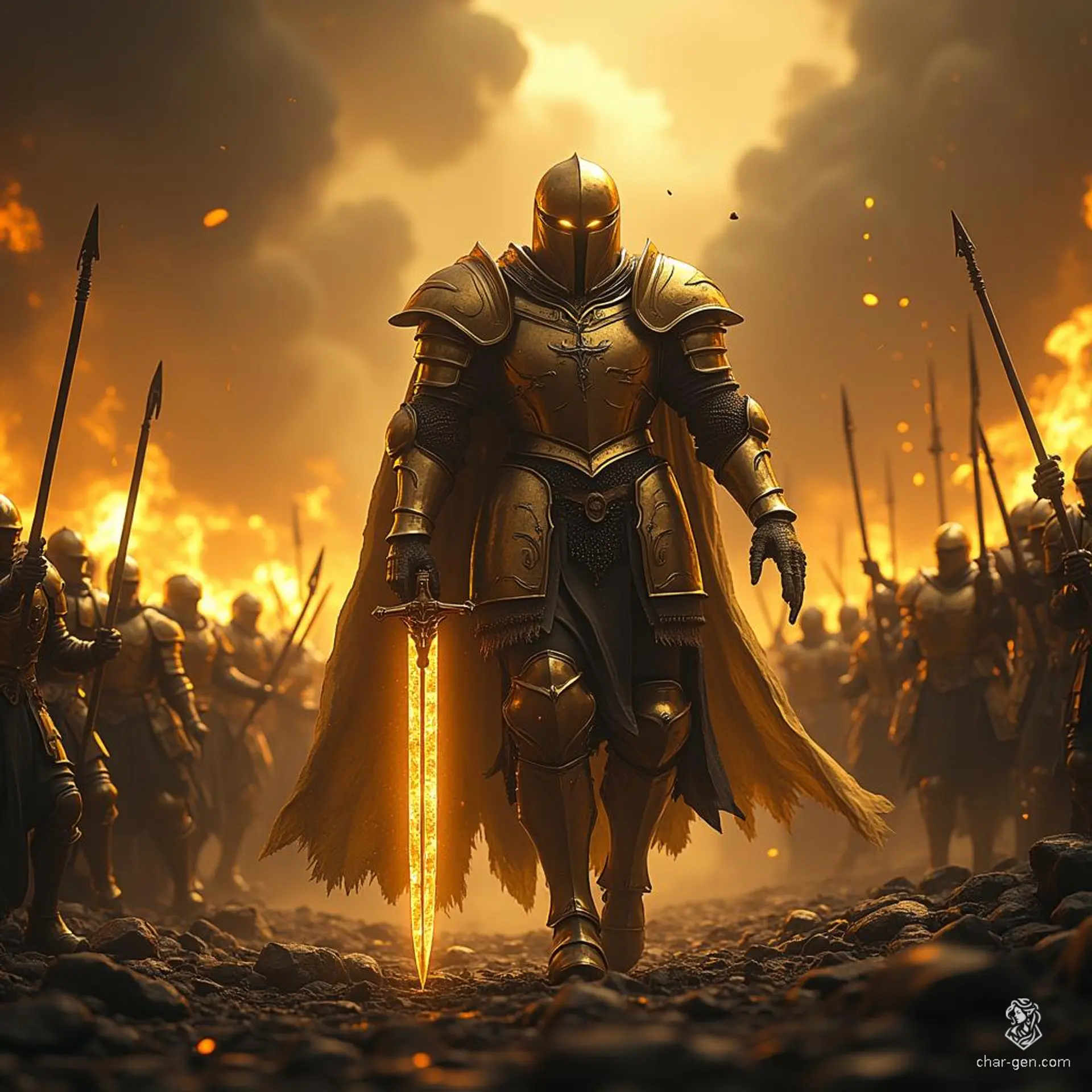 A towering figure clad in gleaming gold armor, the menacing knight strides into the fray, his presence both awe-inspiring and terrifying. With fierce, glowing eyes and a heavy sword at his side, he embodies the darkness of battle, a harbinger of doom for all who oppose him.