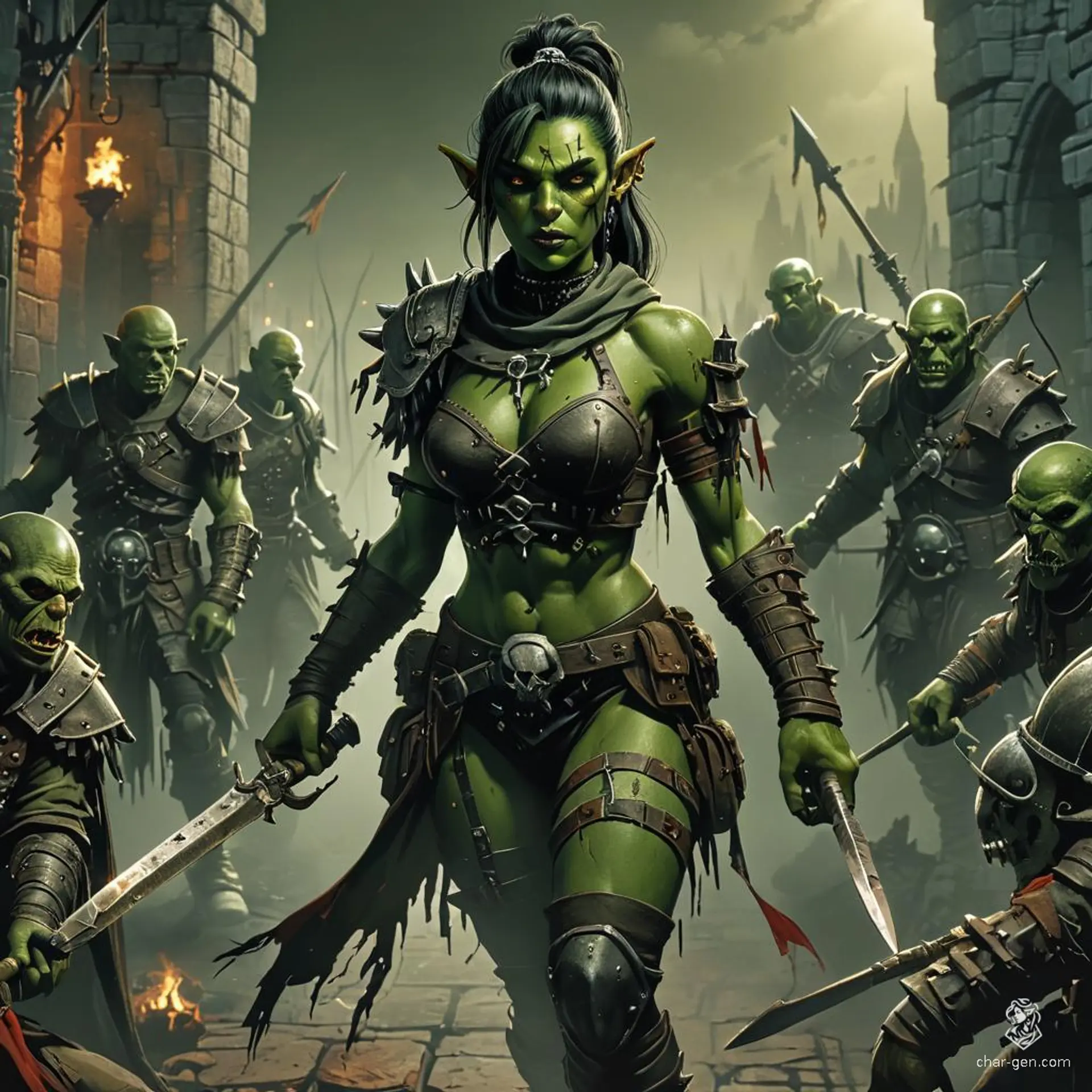 A fierce yet beautiful half-human, half-orc mercenary-captain stands before you, clad in sinister black plate armor. Her green skin contrasts sharply with her long black hair and subtle orcish features. Confident and strong, she wields an oversized double-sided black axe, ready to lead her mismatched band of soldiers.