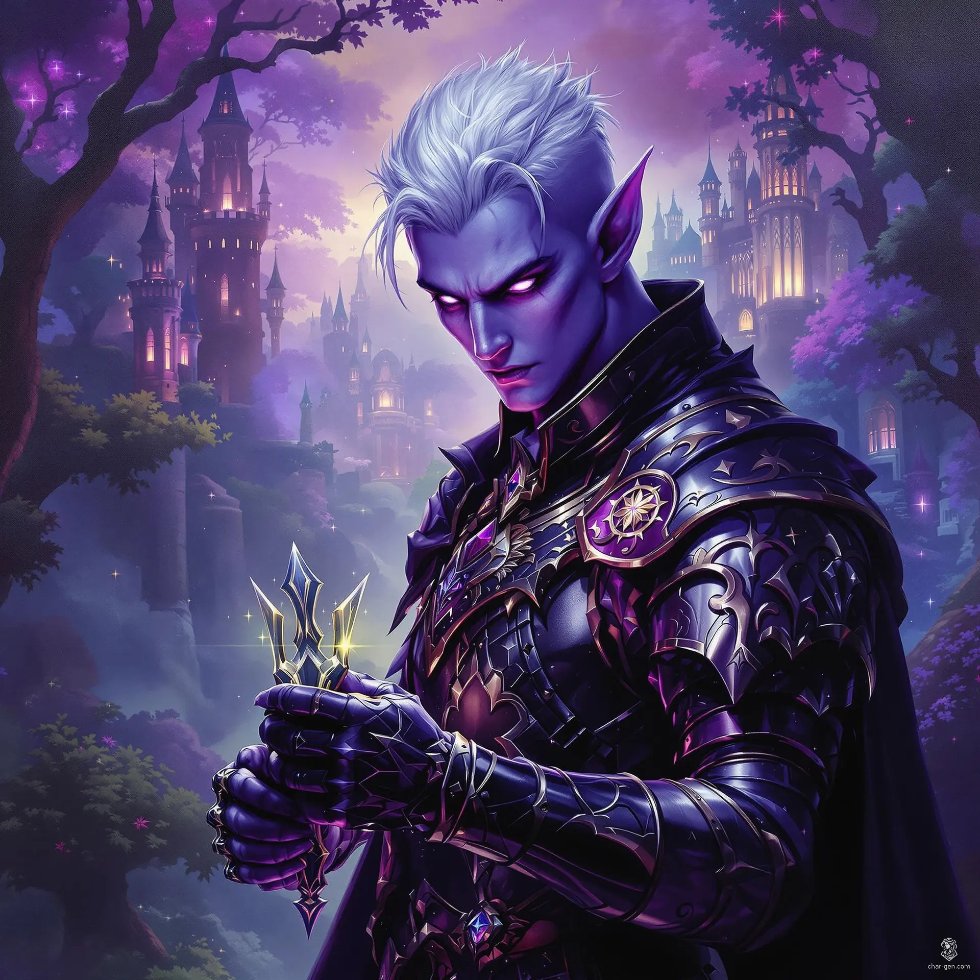 A 86-year-old Drow Bard, this charismatic charlatan wields a lute with expressive gestures, captivating audiences despite his decrepit form. Standing 6'2" with a medium build, his lavender-hued skin and striking royal purple eyes contrast sharply with his white, shaved hair. Always gripping a dagger, he navigates life with wit and charm.