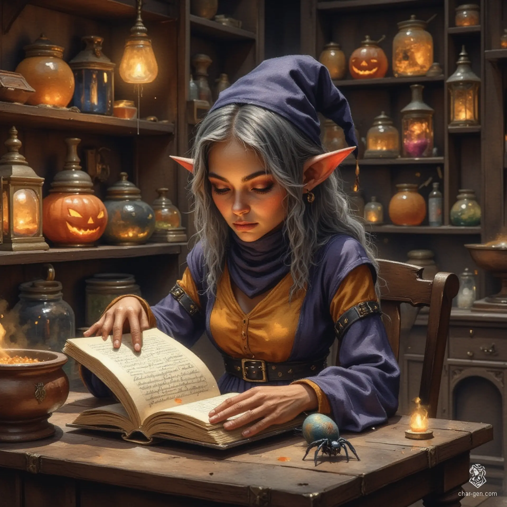 Maryam, the Apothecary Witch, is a charming older elf with tanned skin and gentle wrinkles that tell of her wisdom. Her tea-colored hair, streaked with grey, is tied back as she engrosses herself in a tome of witchcraft, her inquisitive topaz eyes sparkling with excitement. Surrounded by jars of herbs and potions, and accompanied by her spectral spider familiar, she embodies competence and curiosity in her cozy, mystical laboratory.