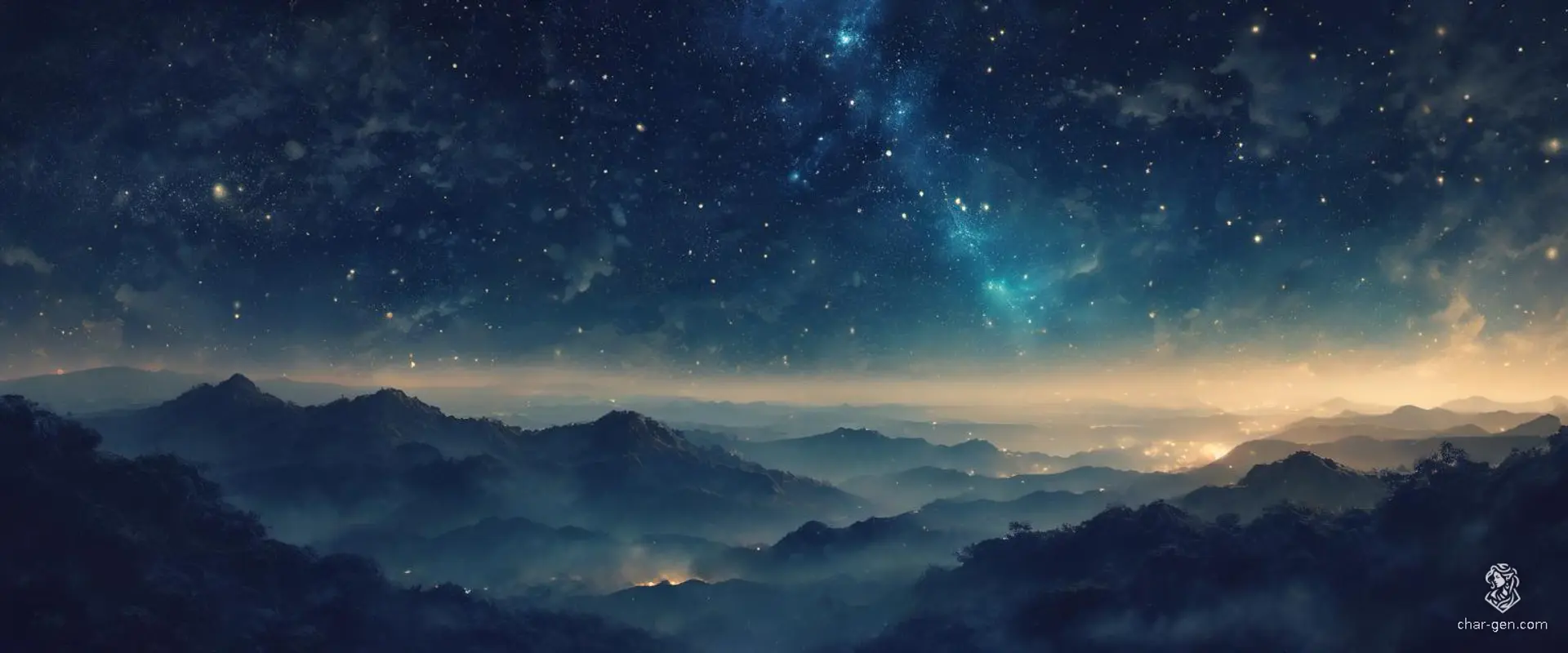 Under an endless canvas of velvety midnight, ethereal stars streak across the open sky, leaving trails of shimmering silver. Each celestial arc illuminates the expansive, otherworldly landscape, casting a magical glow that dances on the horizon.