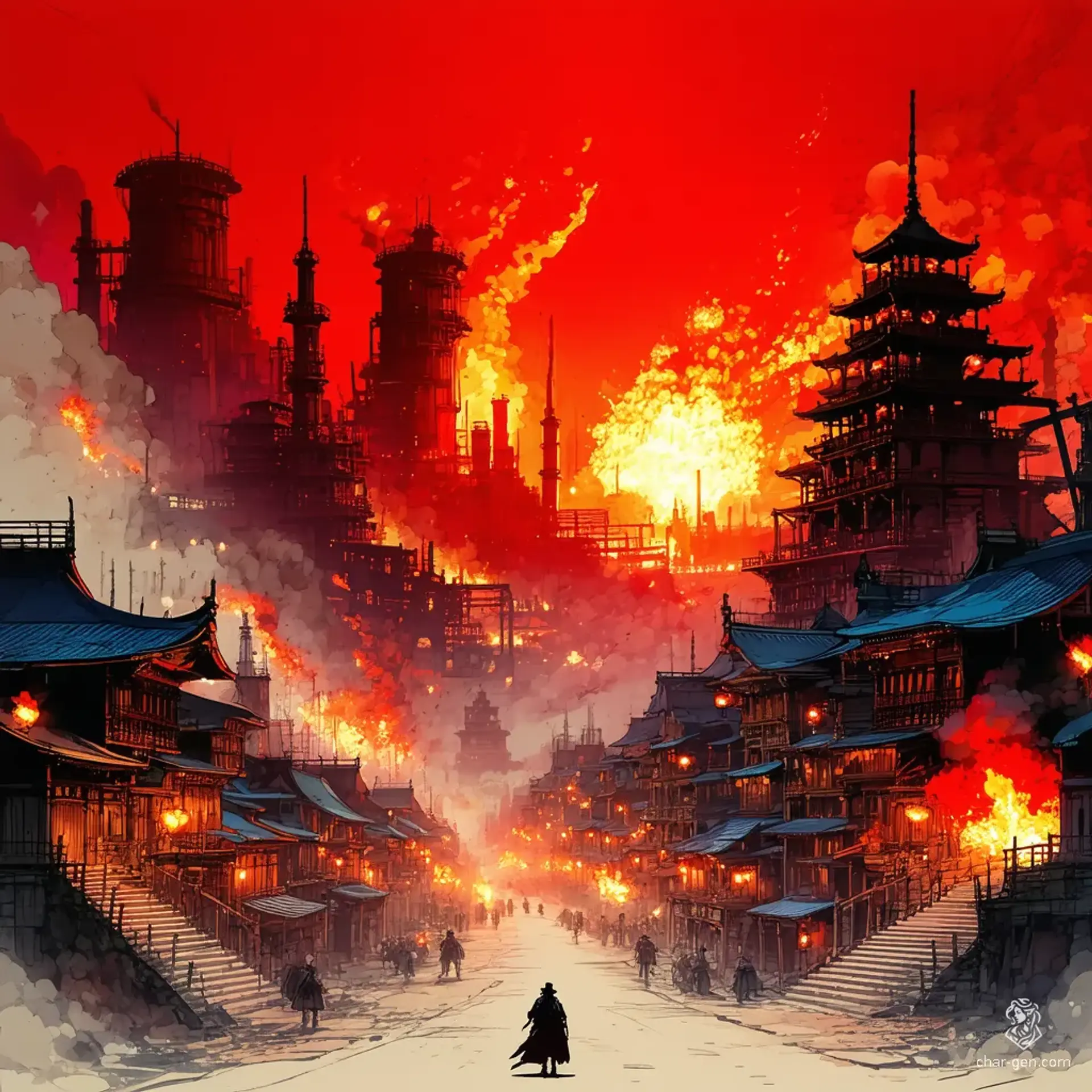 Amidst the twisted remnants of a feudal village, vibrant explosions illuminate the crumbling facades of ancient buildings. A steampunk skyline punctuates the background, where billowing steam and whirring cogs blend with the serene beauty of cherry blossoms. Shadows dance across intricately detailed ruins, creating an enchanting yet haunting atmosphere.
