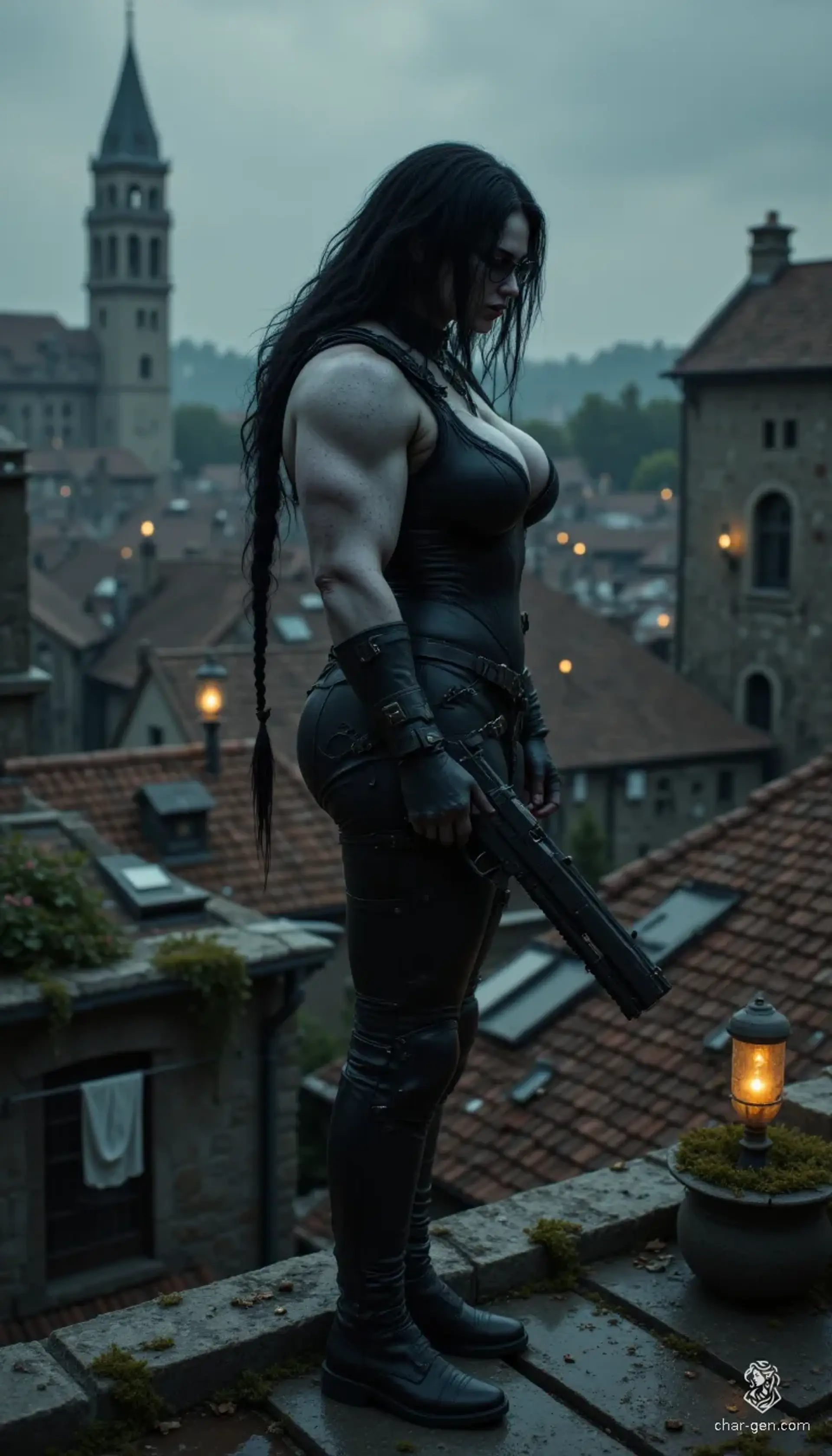 Meet Seraphina, a muscular gothic warrior exuding sultry confidence atop a rooftop, her striking figure silhouetted against a city skyline. With wavy jet-black hair cascading over her shoulder and piercing glasses perched on her nose, she wields a glock, ready to confront any unseen threat that lurks in the shadows. 