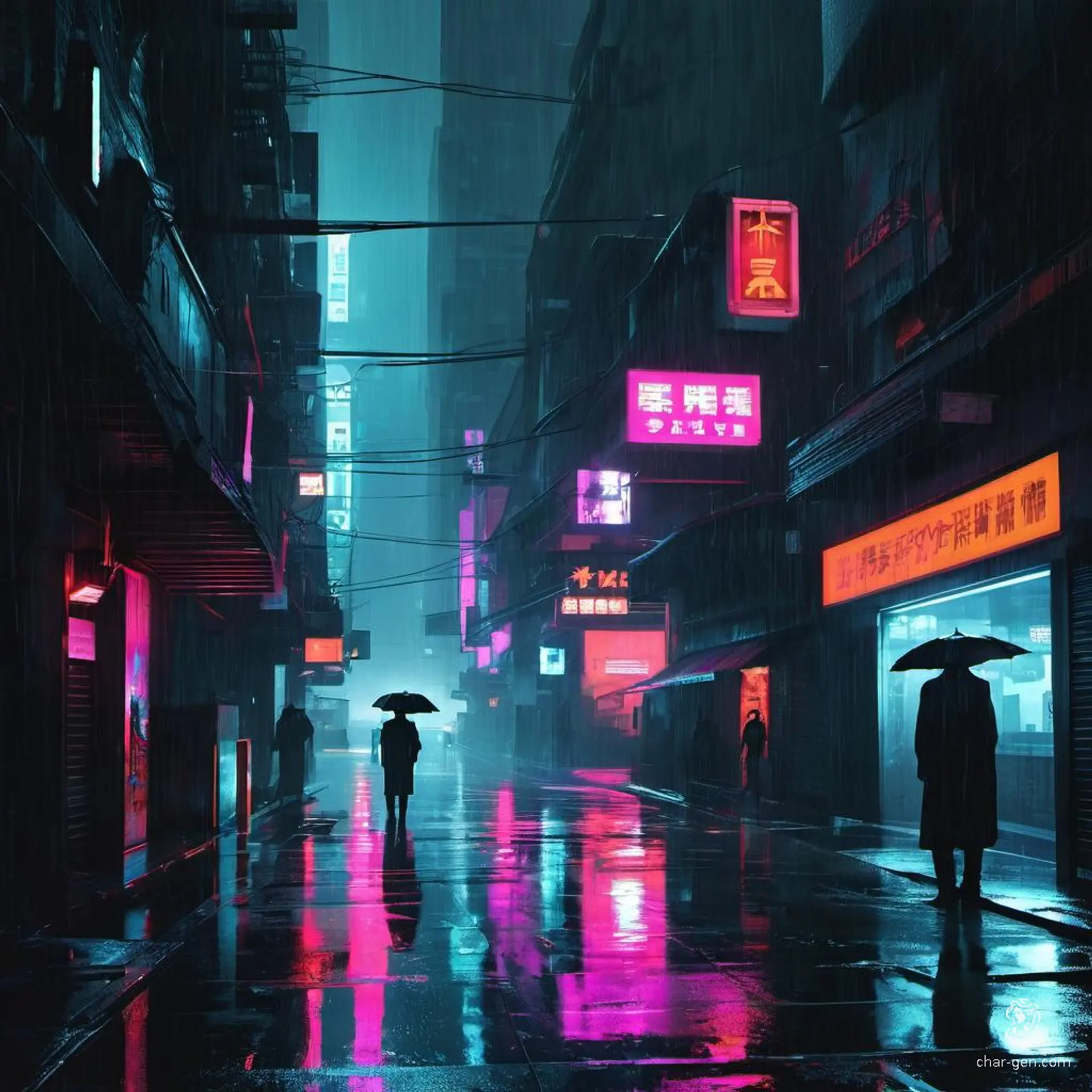 In a moody, tech-noir cityscape, rain-soaked streets glisten under glaring neon lights. Shadowy figures drift through dark alleys, sleek cybernetic elements blend with futuristic urban design, and high-contrast visuals evoke a sense of imminent danger lurking around every corner.