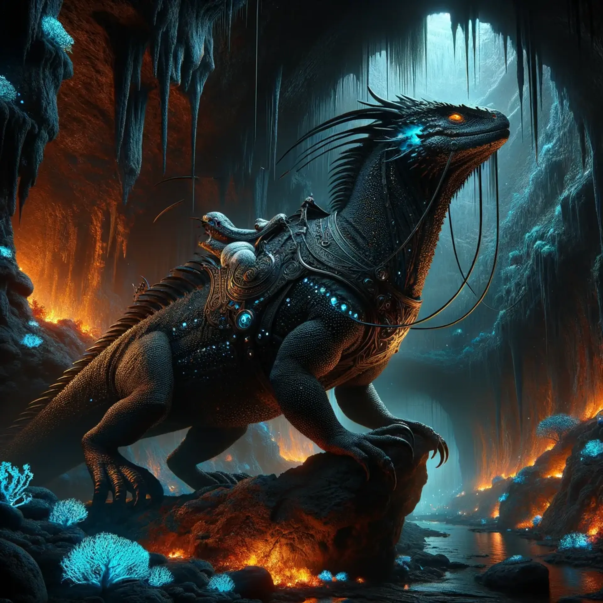 The Riding Lizard, a majestic behemoth of the underworld, is built for adventurers seeking daunting terrains. Measuring 20 feet, these colossal creatures boast splayed legs with sticky pads, enabling traversal of walls and ceilings. Clad in a harness and saddle, they thrill riders with gravity-defying travel through caverns aglow with bioluminescent wonders.