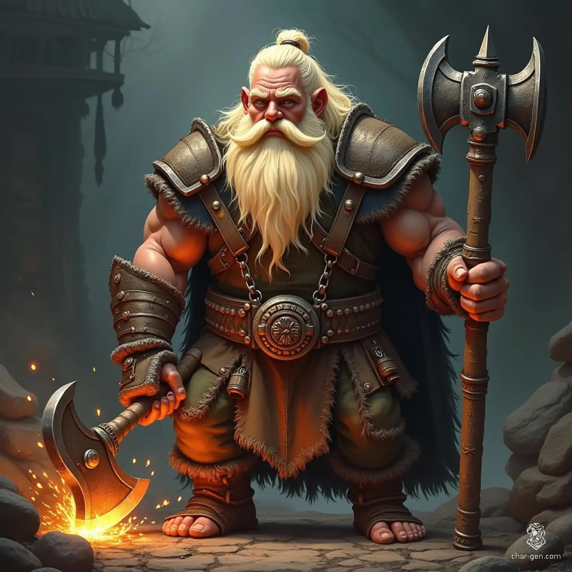 Emberforge, the dwarf blacksmith, possesses flowing blonde hair and a magnificent long beard. With a mighty hammer in hand, he skillfully welds a breathtaking battleaxe, its ornate design shimmering in the forge's glow, symbolizing his unmatched craftsmanship and unwavering spirit in battle.