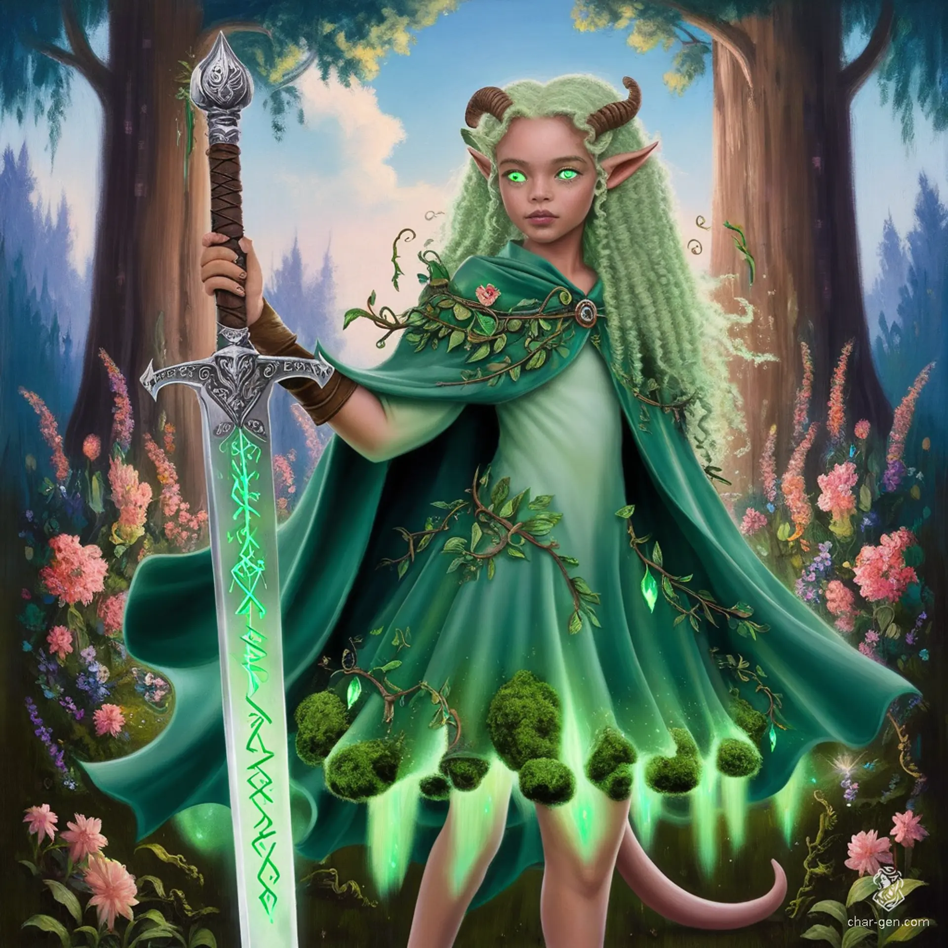 A young tiefling druid, vibrant with long, curly light green hair and radiant green eyes, roams the wilds adorned in a mystical, nature-themed cape. Her glowing moss border and enchanted floral accents reflect her deep bond with nature, while her intricately designed sword symbolizes her strength and magical prowess. Accompanied by animal friends, she embodies adventure and harmony with the earth.