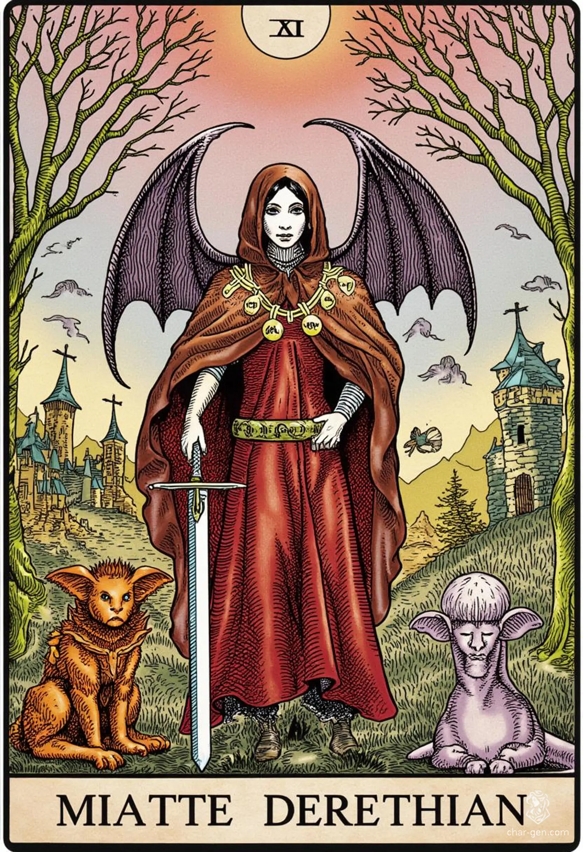 Miatte Derethian is a formidable human fighter, standing at 5'6" with pale skin and deep espresso hair. A haunted warrior, she wields a longsword with grace and charm, donning a winged cloak. Driven to vanquish monsters and exorcise her own demons, Miatte battles darkness to protect the innocent.