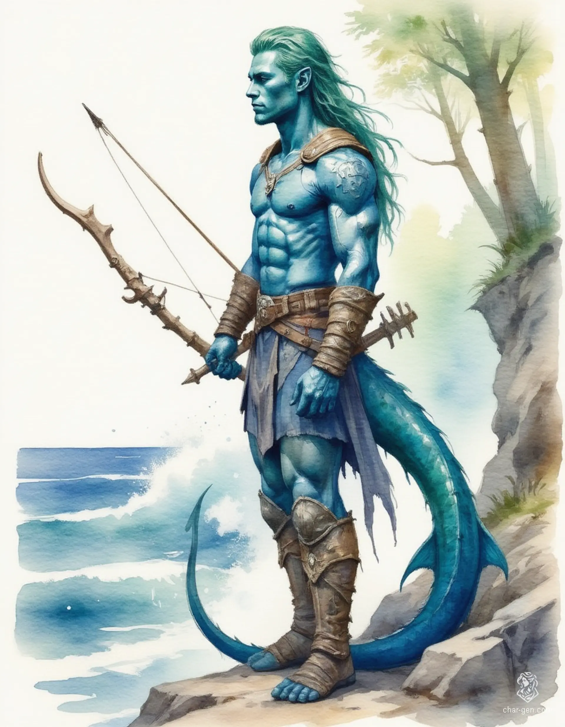 Kaelen, a triton ranger, stands poised on a forest cliff, his deep sea-blue skin glimmering in the dappled light. With kelp-green hair adorned in nature's treasures, he blends forest and ocean. Armed with a driftwood bow and trident-like dagger, he embodies the harmony of both realms.