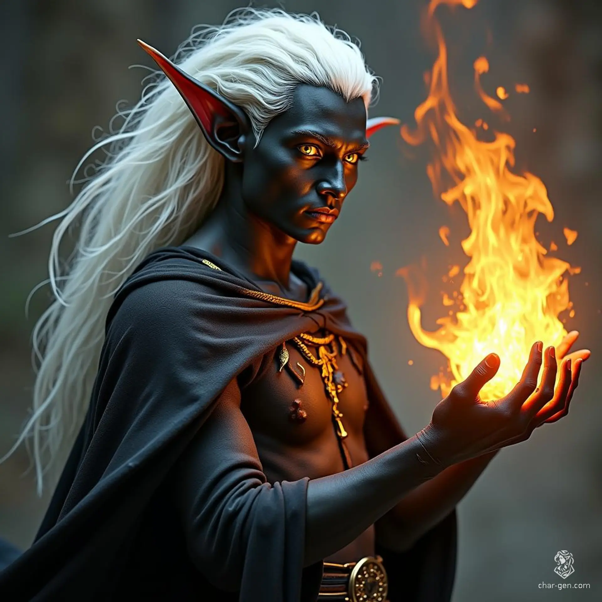 A young male Drow sorcerer, cloaked in shadows, wields his power with fiery intent. His striking white hair contrasts sharply with his obsidian skin, while piercing yellow eyes gleam with arcane knowledge. As he conjures a swirling fireball, his mastery of magic ignites the darkness around him.