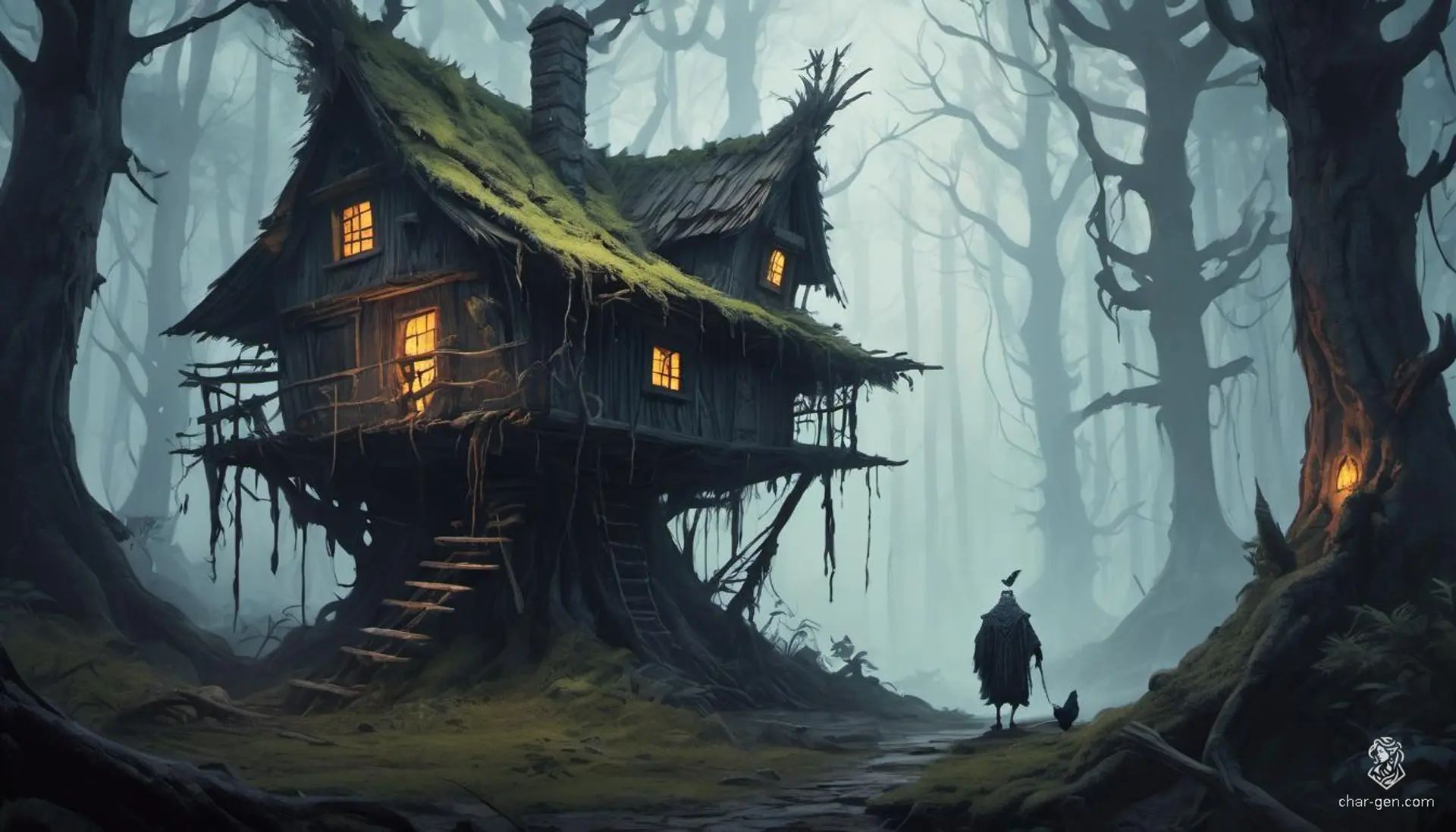 In a foreboding dark forest shrouded in dense fog, a twisted wooden hut stands on long, spindly chicken legs with gnarled joints. The warped walls are covered in glowing runes. Twisted trees and bioluminescent mushrooms contribute to the eerie atmosphere.