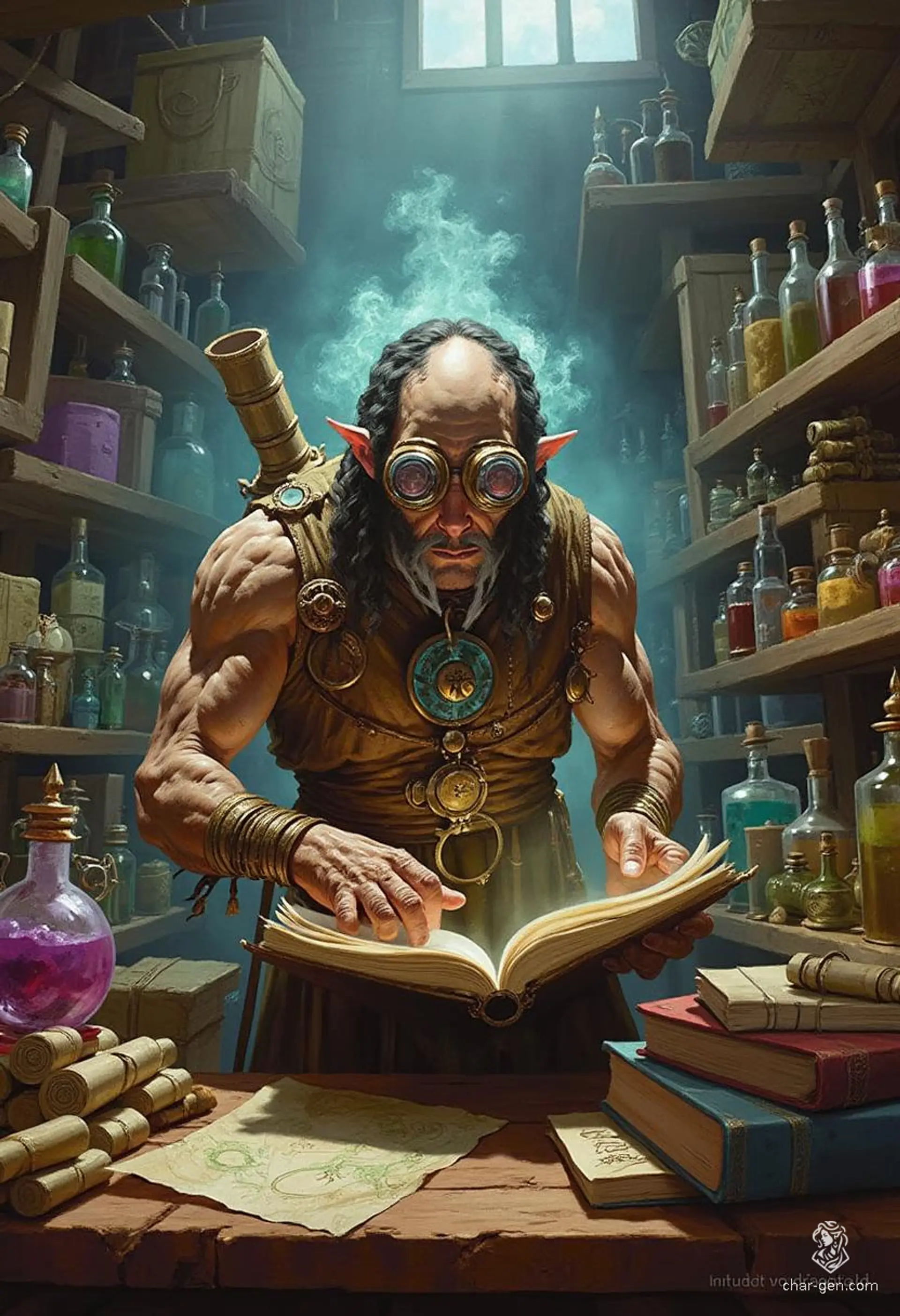 Meet Kaelar, the earth genasi artificer, a savvy merchant with intricate goggles perched on his rocky brow. Surrounded by crates and scrolls, he deftly barters rare goods, mapping the lands while embodying the elemental strength of earth with every stone-like feature and earthen nebula shimmer.
