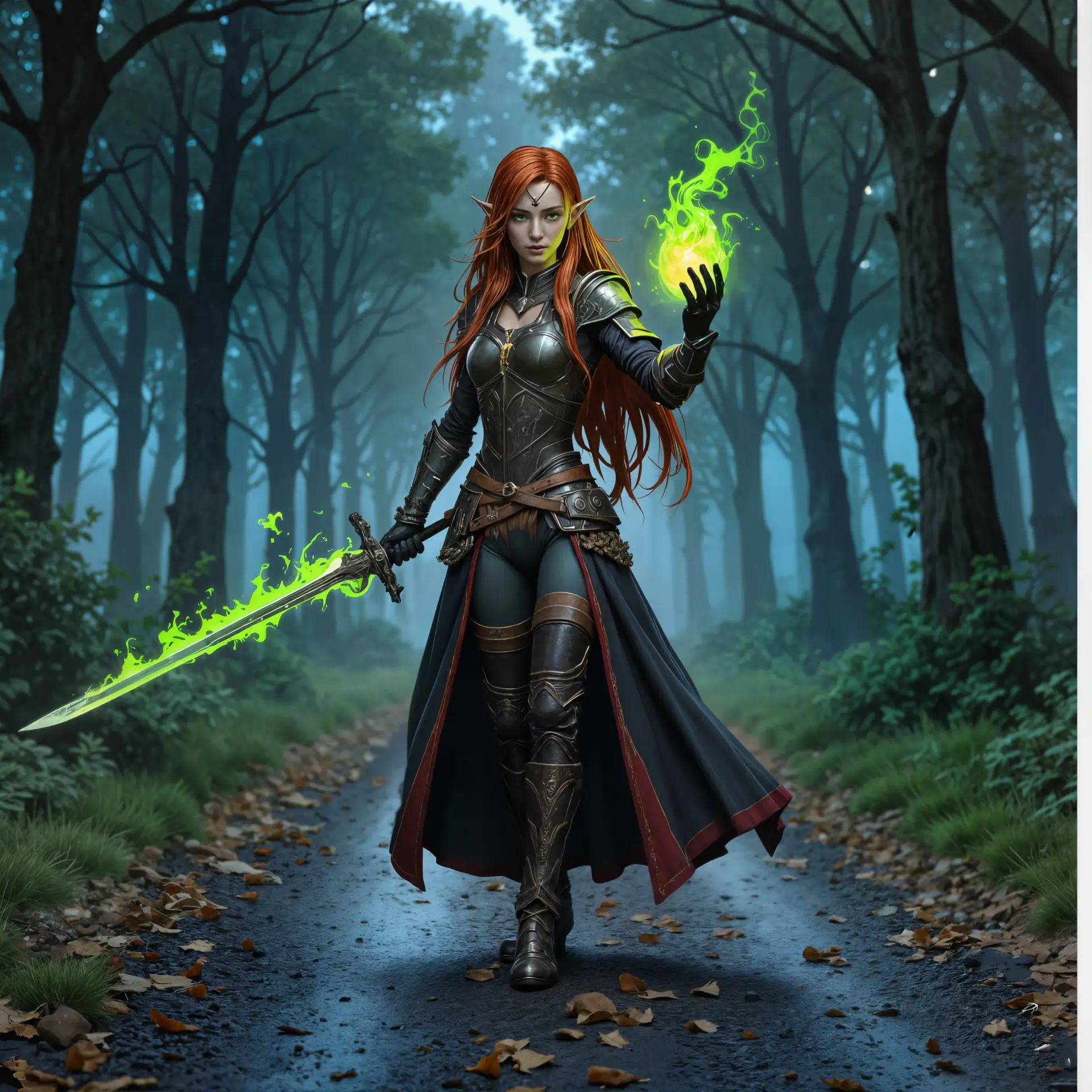 In a mystical forest shrouded in fog, a stunning elven warrior stands poised. With long auburn hair, piercing green eyes, and a delicate gold circlet, she's clad in leather armor and thigh-high boots. Her katana, engulfed in green flames, and her outstretched hand summon powerful magic, representing the balance of beauty and strength.