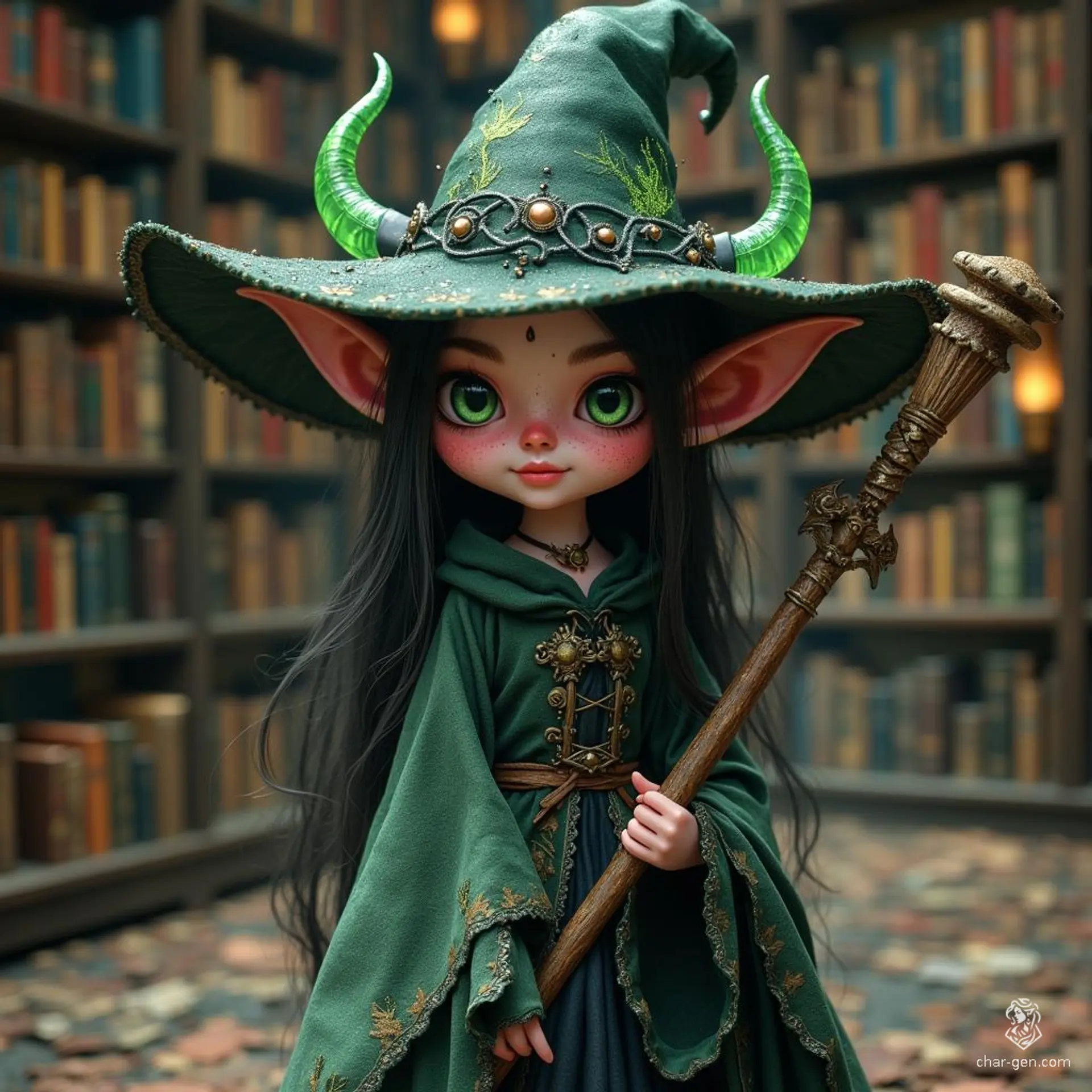 This mischievous tiefling wizard boasts pink skin, freckles, and small horns peeking from beneath a huge, thick-rimmed witch hat. Adorned in black and pastel green attire, she wields a natural staff, her possessed black eyes and malicious smile hinting at magic lurking in the open library hall behind her.