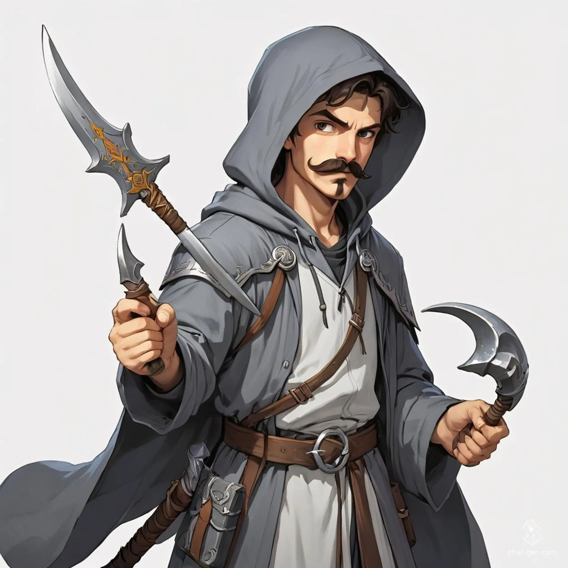 Meet Aric, a young mage with a distinctive handlebar mustache. Clad in flowing grey robes and a hoodie, he wields a gleaming scimitar, blending arcane prowess with martial skill. His eccentric style hints at an adventurous spirit, ready to face the unknown.