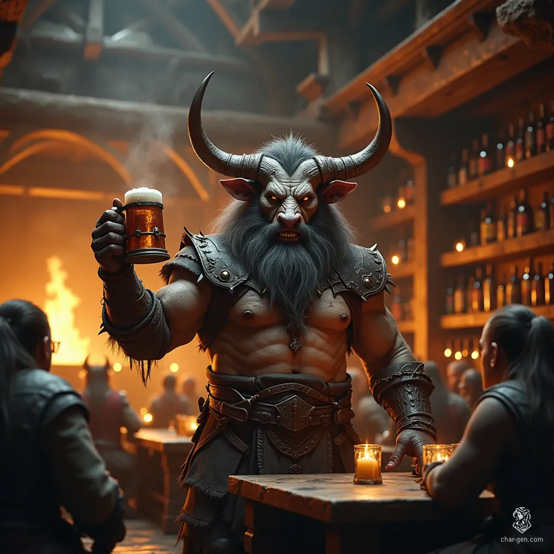 Thomlin the Minotaur, a burly retired blacksmith with light gray fur and majestic twisting horns, embodies friendly gruffness. His booming laughter fills the smithy, yet he grumbles at new magical tools. Surrounded by anvils and the forge’s glow, he enjoys grog and supports local performers with hearty cheer.