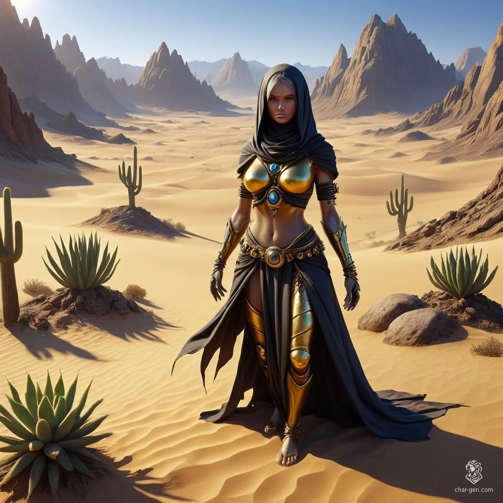 A female black scorpion-like humanoid witch of the desert, adept in dark magic and warping enemies, stands proudly among her arcane sisters, including an earth genasi monk. She exhibits rock-like skin, embodies the earth element with a nebula effect, maintains a calm expression, and fluid posture.