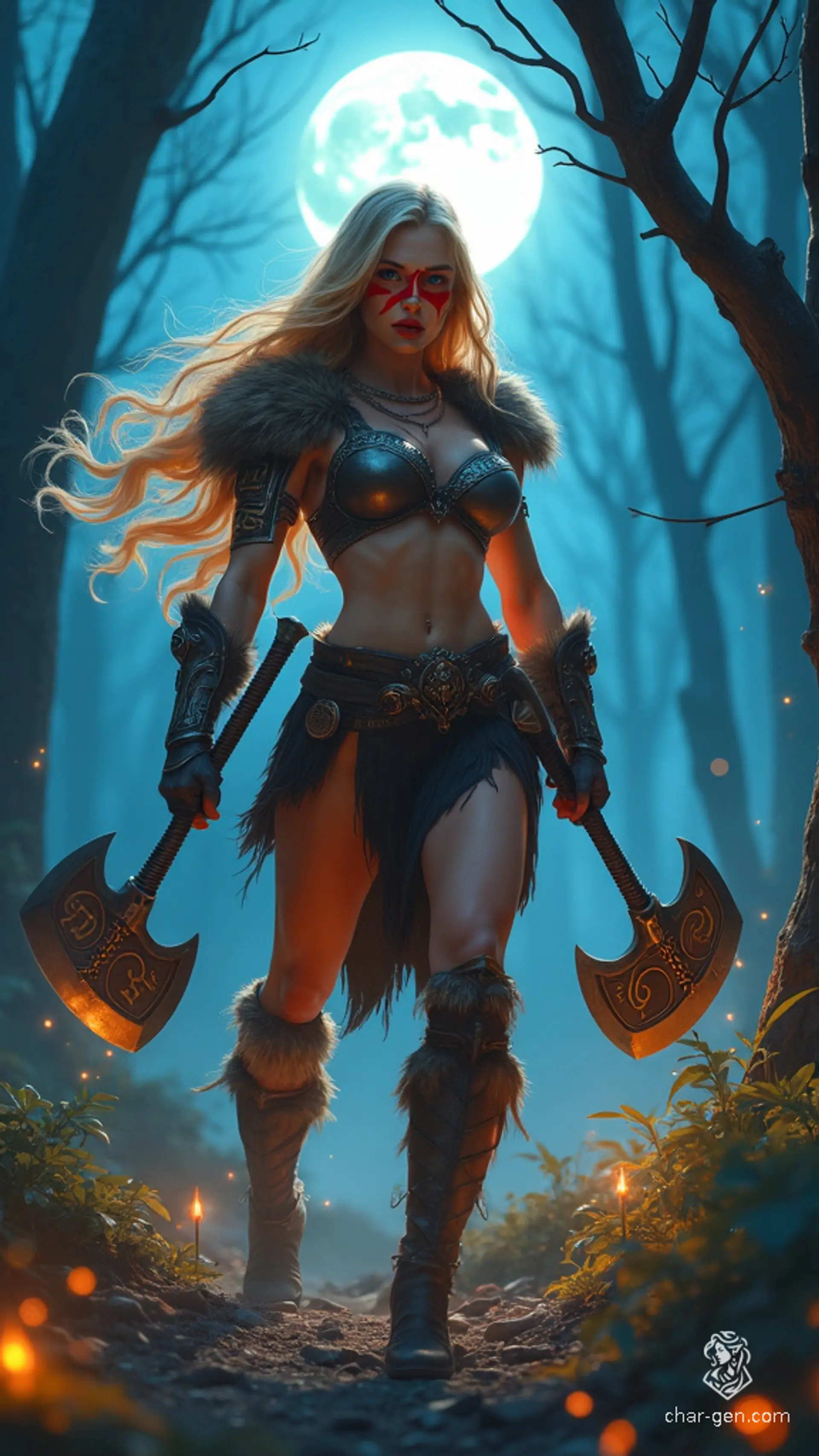 A powerful and captivating female barbarian warrior stands dynamically in a moonlit forest. With flowing golden hair and fierce red war paint, she wields glowing, rune-covered axes. Her minimal, ornate armor showcases her toned physique, emphasizing her commanding presence in an ethereal, digitally painted scene.
