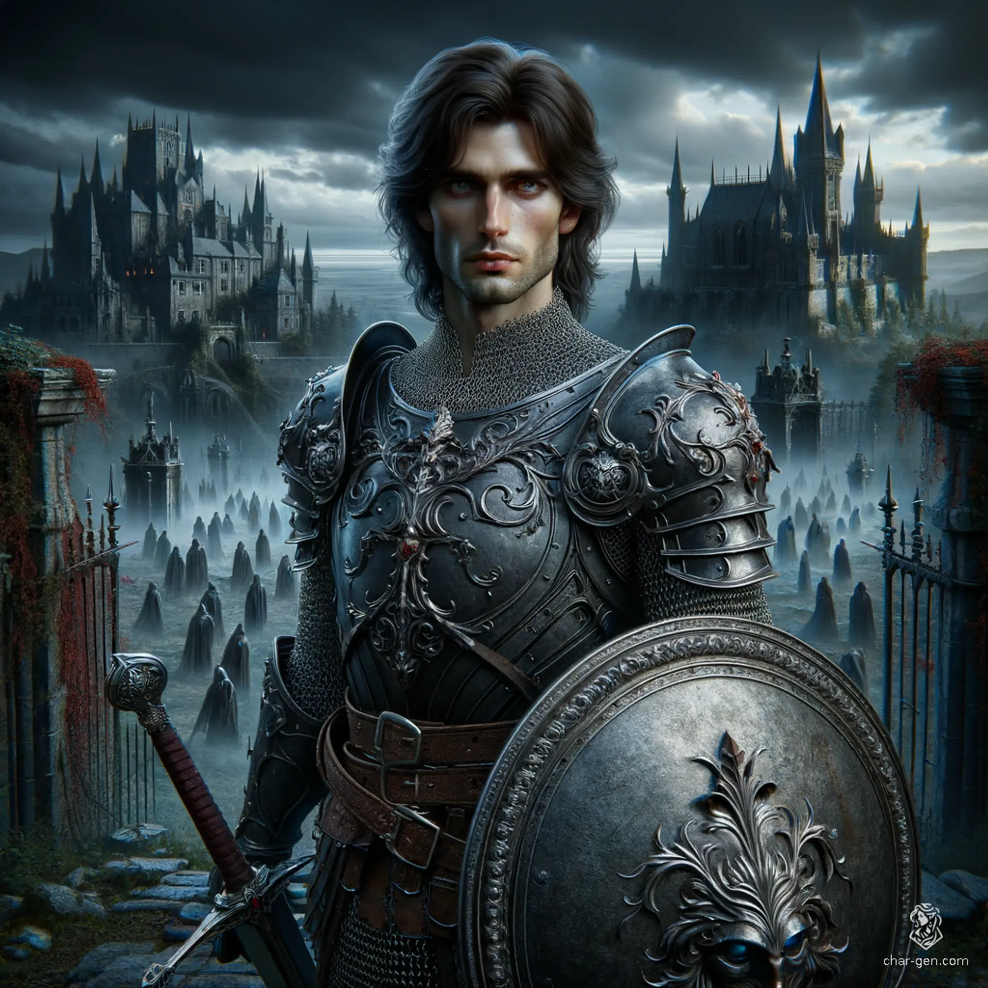 Marcus Thorne is a gallant and noble 25-year-old human Paladin standing at 6'4” with a medium build and fair skin. With rich espresso brown hair and piercing blue eyes, he exudes charm and dignity. A devout protector, he carries a detailed shield and longsword, unwavering in his loyalty and duty to care for his people.