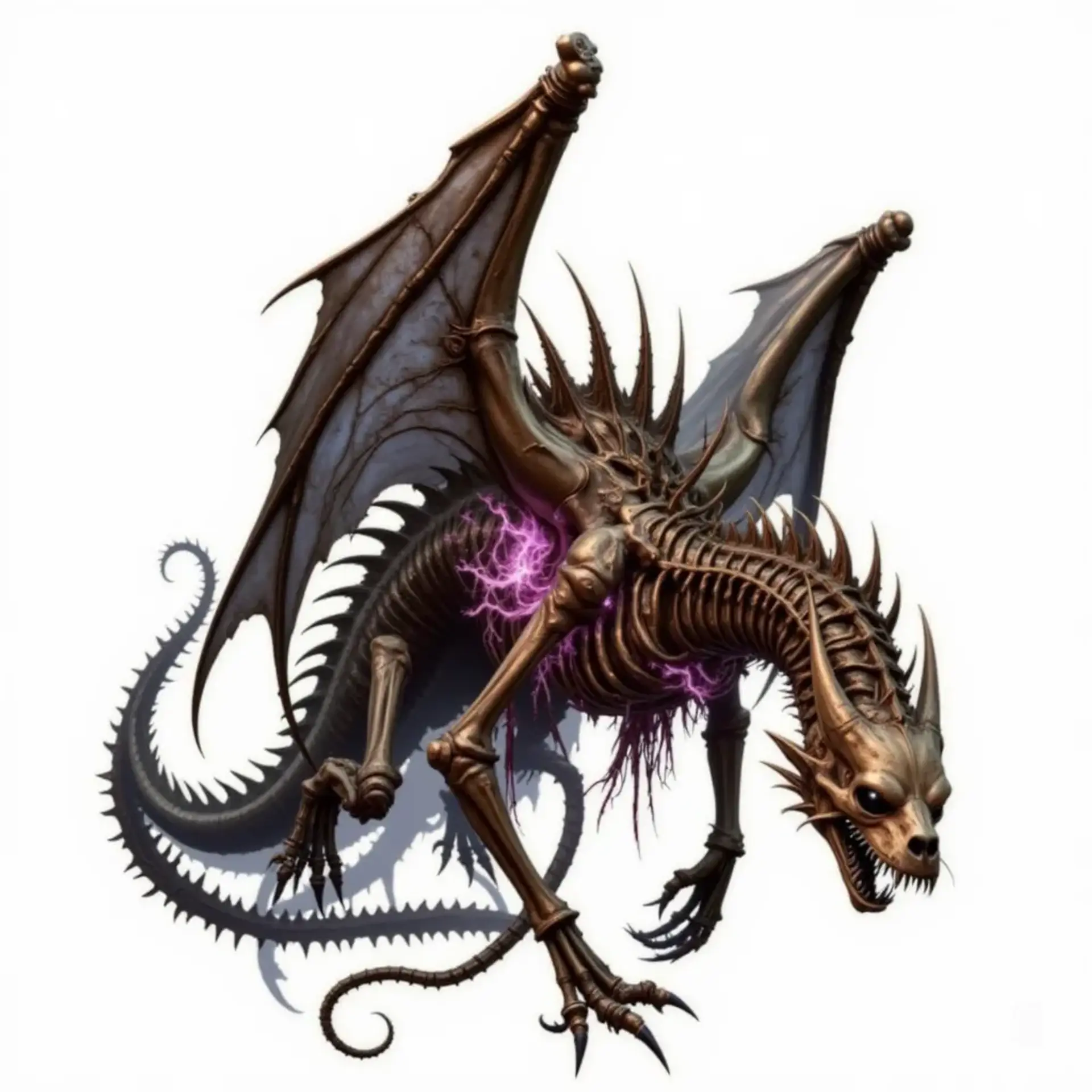 The Skeletric Undead Wyvern is a fearsome winged serpent, its skeletal frame adorned with tattered skin and exposed organs. Soaring through the skies, it wields sharp talons and a venomous, scorpion-like tail, hunting its prey with lethal precision and an aura of dread.