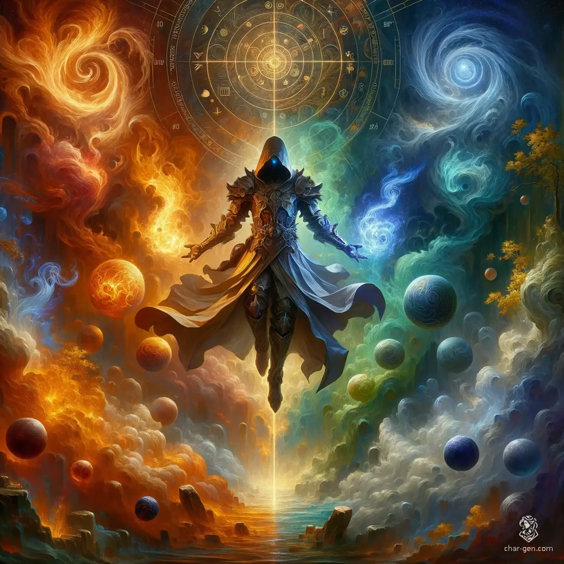 In the vibrant realm of the Inner Planes, fiery volcanoes clash with ethereal waterfalls, while misty air currents dance amid crystalline mountains. Each elemental domain radiates its distinct essence—magma flows glow in orange brilliance, tranquil waters shimmer in deep blues, and swirling winds carry echoes of whispers.