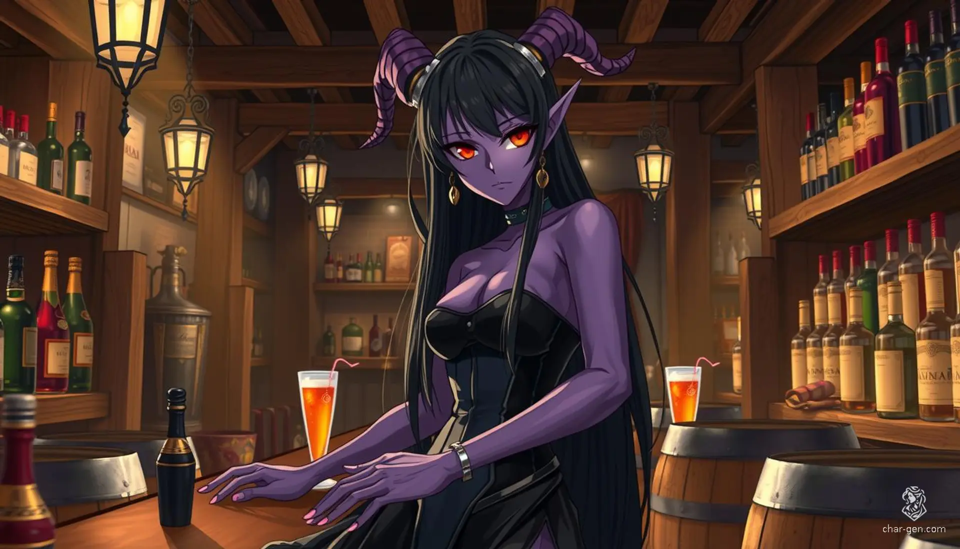 A tall and striking female Tiefling bartender with deep violet skin and glowing amber eyes. Her elegantly curved horns are adorned with silver rings, and her jet-black hair cascades in loose waves. She dons a black leather bodice and flowing skirt, expertly mixing drinks with grace.